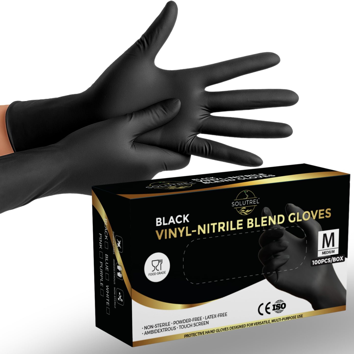 Solutrel Black Vinyl-Nitrile Disposable Gloves, 4.5mil - 100 Count, Latex & Powder-Free, For Salon, Cleaning, Food Prep, & More (100 Count per Box