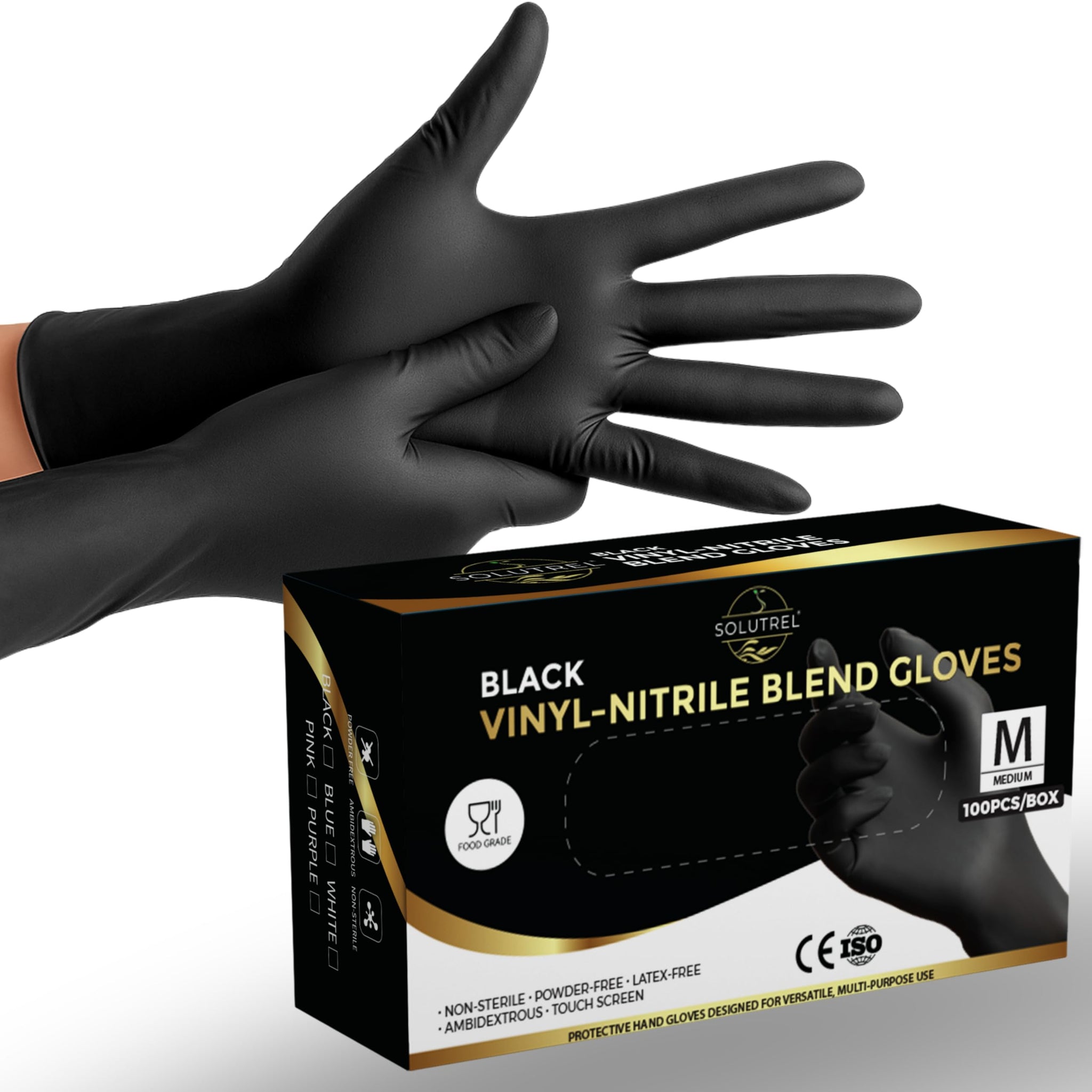 Solutrel Black Vinyl-Nitrile Disposable Gloves, 4.5mil - 100 Count, Latex & Powder-Free, For Salon, Cleaning, Food Prep, & More (100 Count per Box