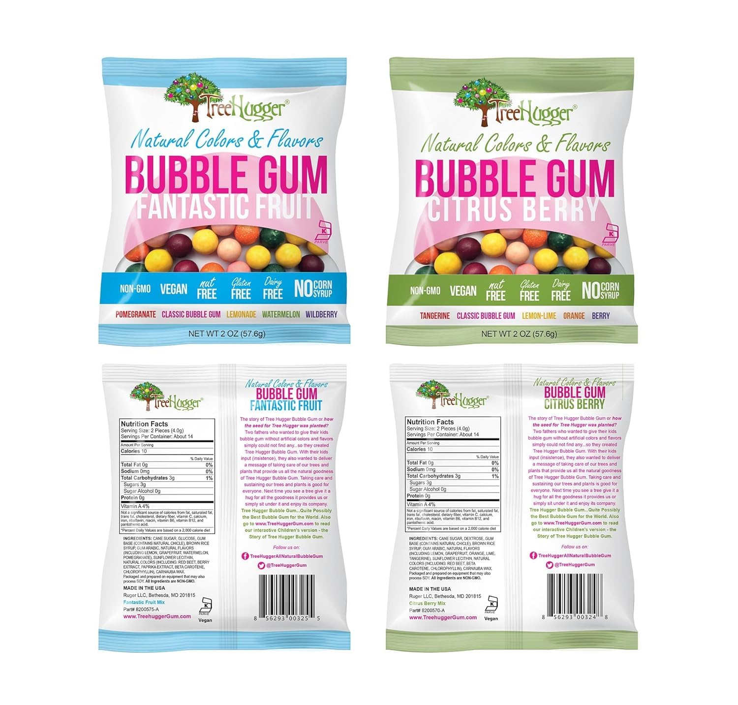 Tree Hugger Bubble Gum Variety Pack, Natural Colors and Flavors, Citrus Berry and Fantastic Fruit, Vegan, Non-GMO, Nut Free, Dairy Free, Kosher, 2 oz
