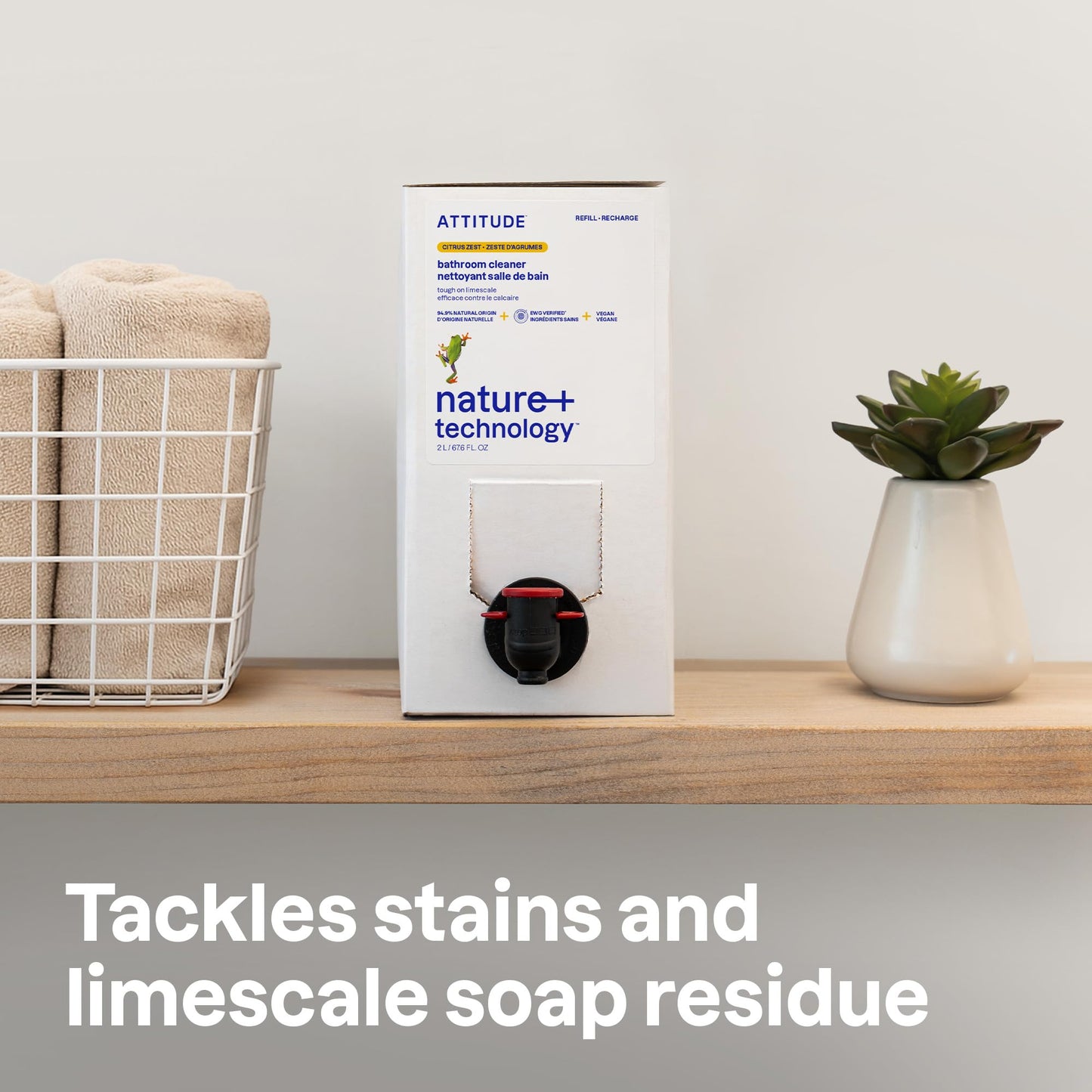 ATTITUDE Bathroom Cleaner Spray Refill, EWG Verified, Plant-Based & Vegan, Safe for Bathroom Surfaces, Tiles, Tubs, Shower Walls, and Grout, Citrus