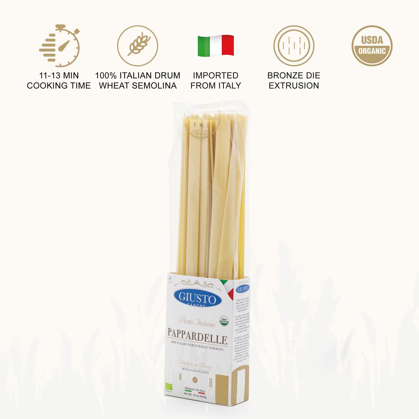 Giusto Sapore Imported Artisanal Pappardelle Italian Pasta, Organic Bronze Drawn, 340G