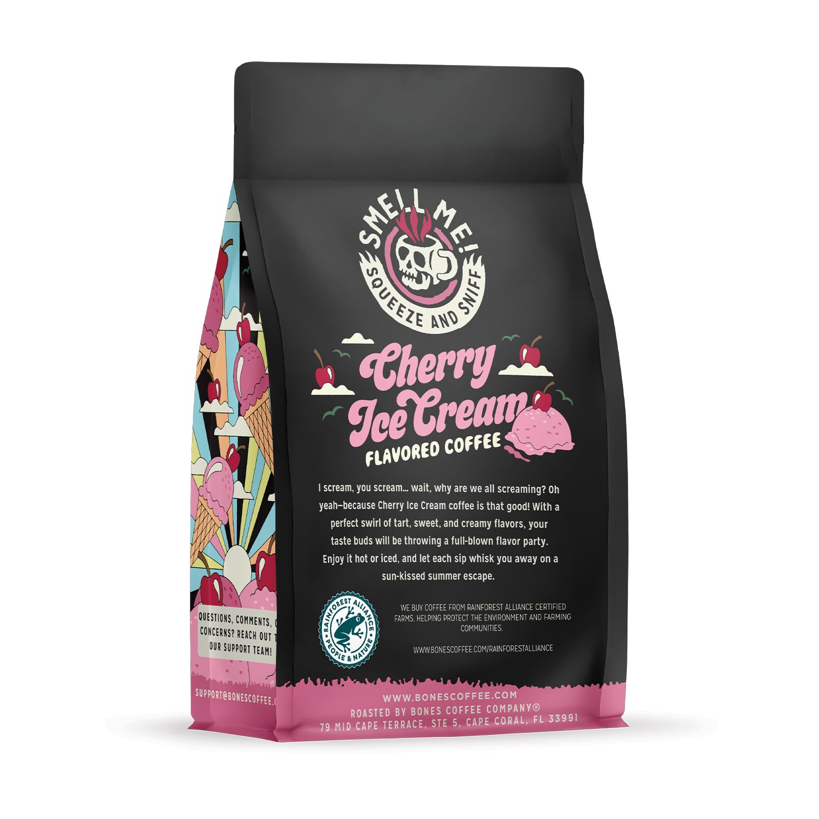 Bones Coffee Company Cherry Ice Cream Flavored Coffee, Medium Roast Low Acid Arabica Beans Compatible with Auto drip and French Press Coffee Maker, 12