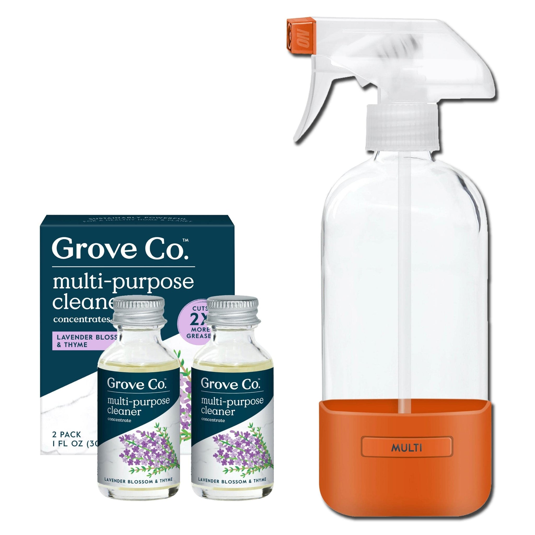 Grove Co. Multi-Purpose Cleaner, Refill Concentrate (2 x 1 Oz) + Glass Spray Bottle (16 Oz), Plant-based Household Cleaning Supplies Bundle, No