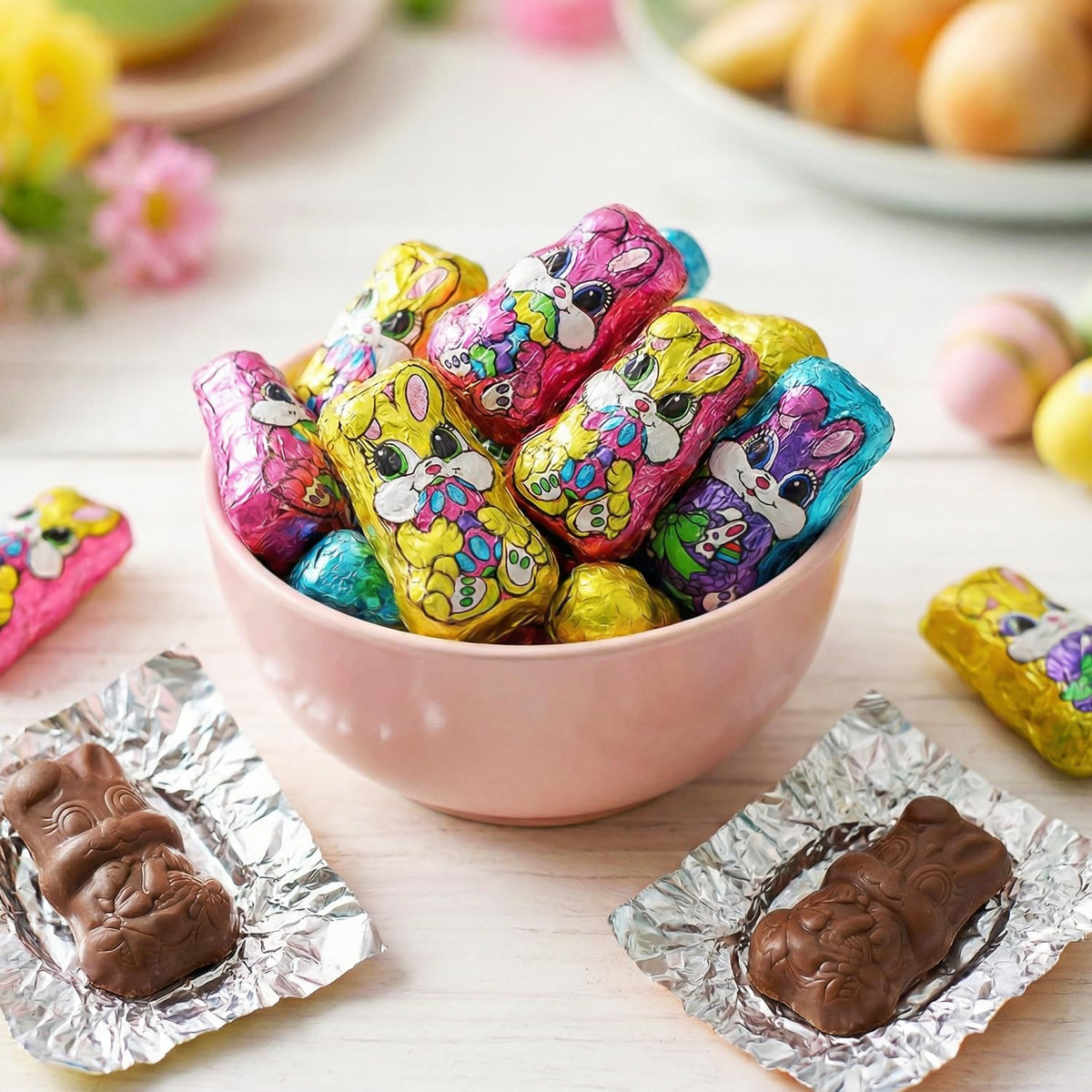Easter Solid Milk Chocolate Mini Bunnies - 1 Pound Bulk Bag Individually Foil Wrapped Easter Chocolate Bunnies Candy for Easter Baskets, Egg Hunts