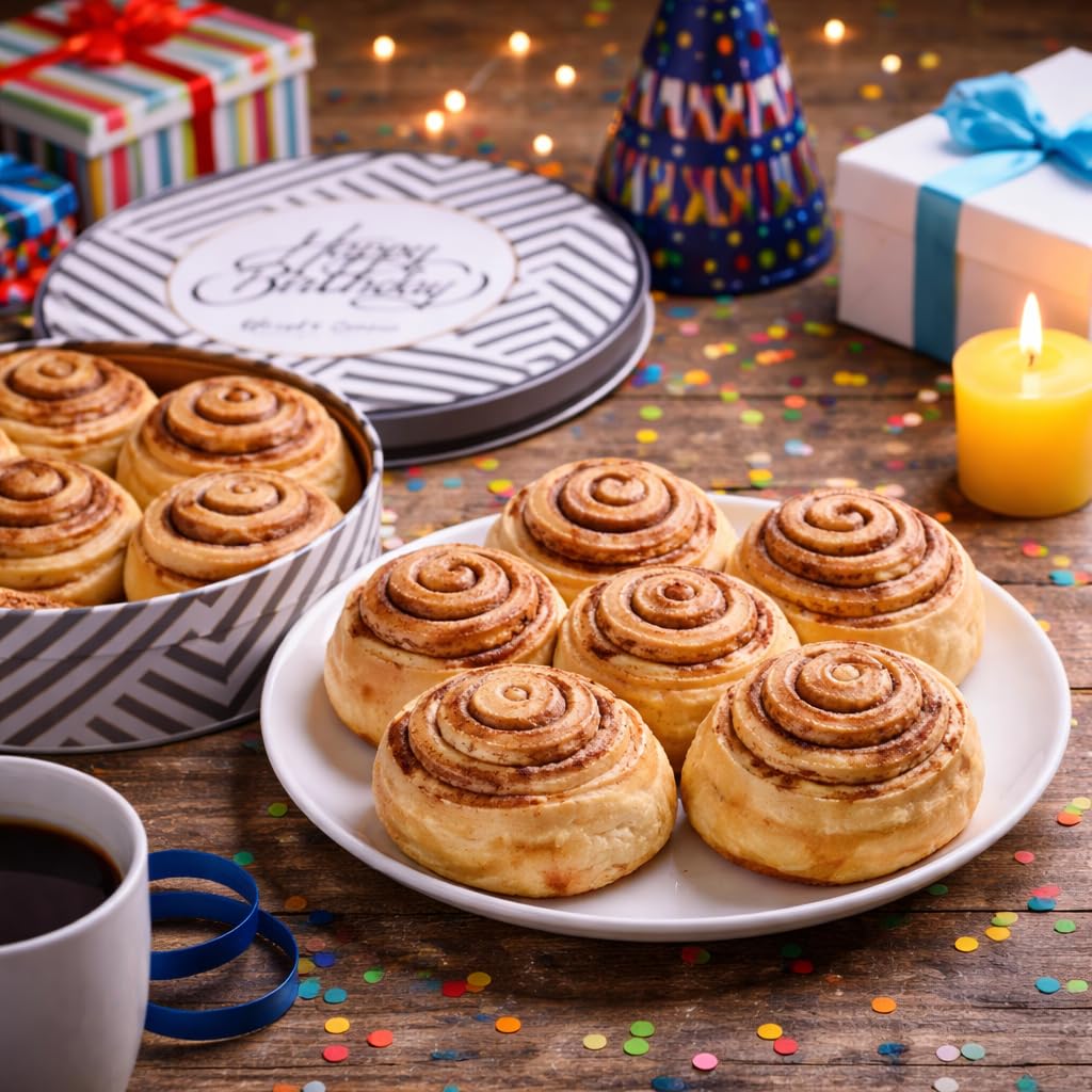 Birthday Cinnamon Rolls Gift Tin - Soft Baked Cinnamon Buns Pastries Individually Wrapped - Gourmet Bakery Treat in Reusable Tin - Happy Birthday Food