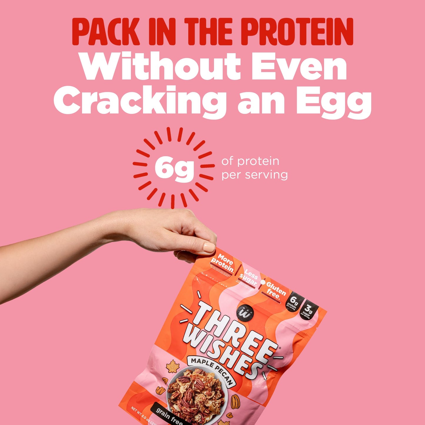 Three Wishes Granola, Maple Pecan (8-Pack) - Gluten Free Granola, 6g Protein & 3g Sugar Healthy Breakfast & On-the-Go Snack - Vegan, Kosher