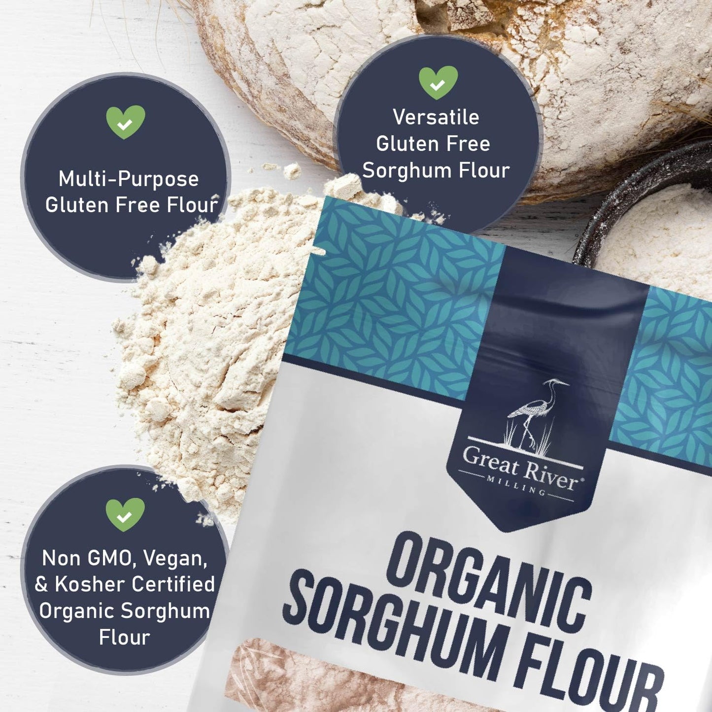 Great River Milling Organic Sorghum Flour | Gluten Free Whole Grain Flour | USDA Organic, Non-GMO, Kosher, Vegan Certified | Mild, Versatile Baking