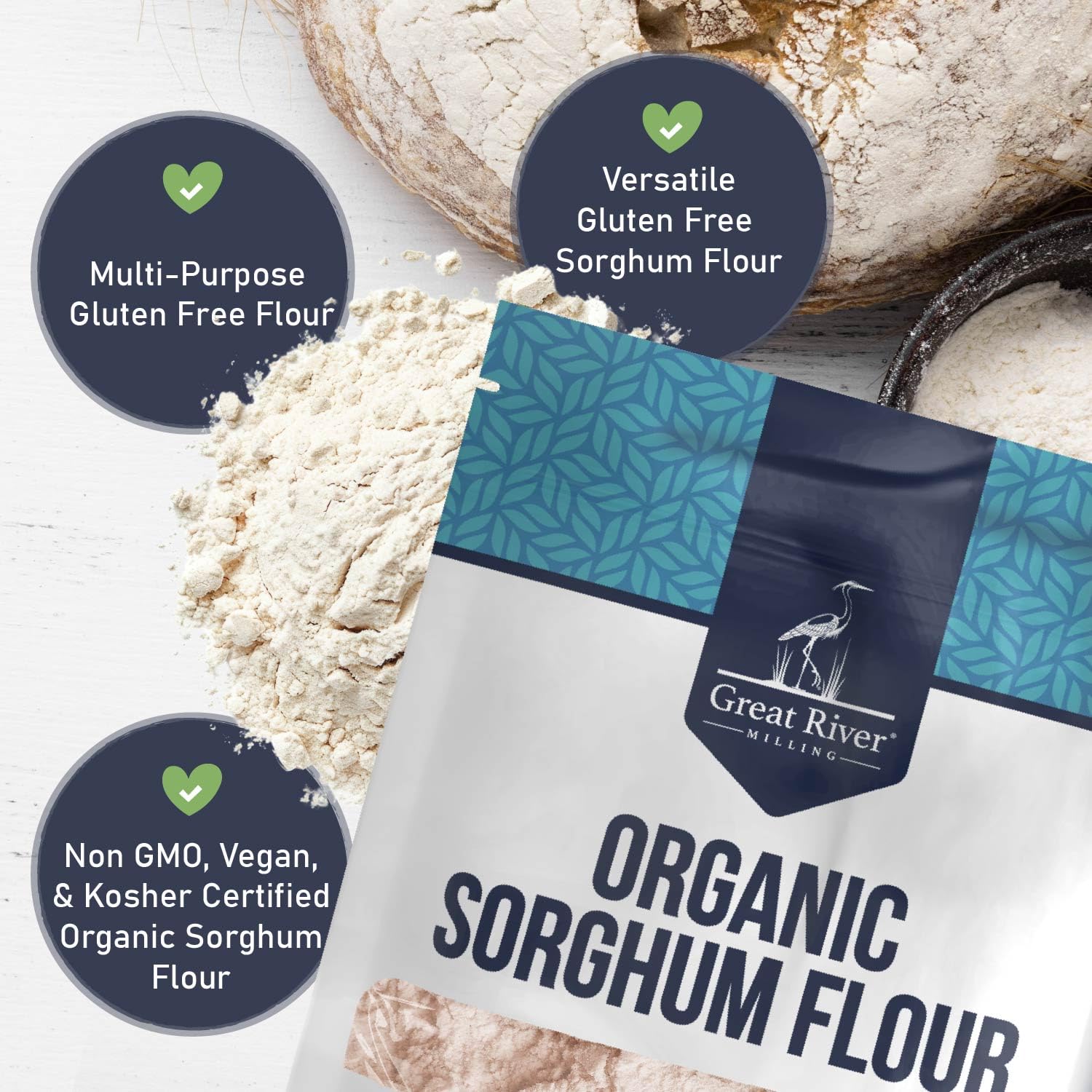 Great River Milling Organic Sorghum Flour | Gluten Free Whole Grain Flour | USDA Organic, Non-GMO, Kosher, Vegan Certified | Mild, Versatile Baking