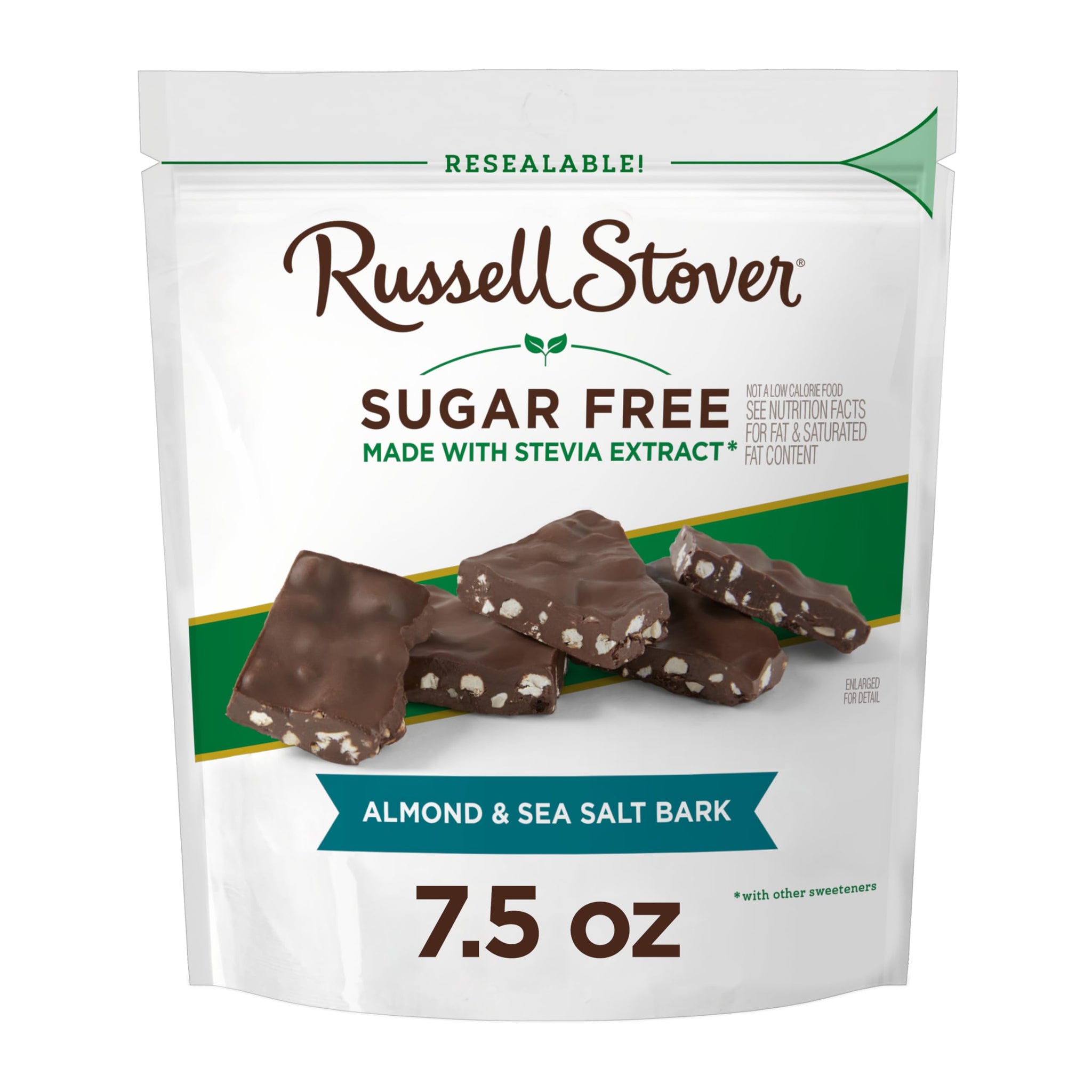 RUSSELL STOVER Sugar Free Dark Chocolate Almond & Sea Salt Bark, 7.5 oz bag (? 24 pieces)