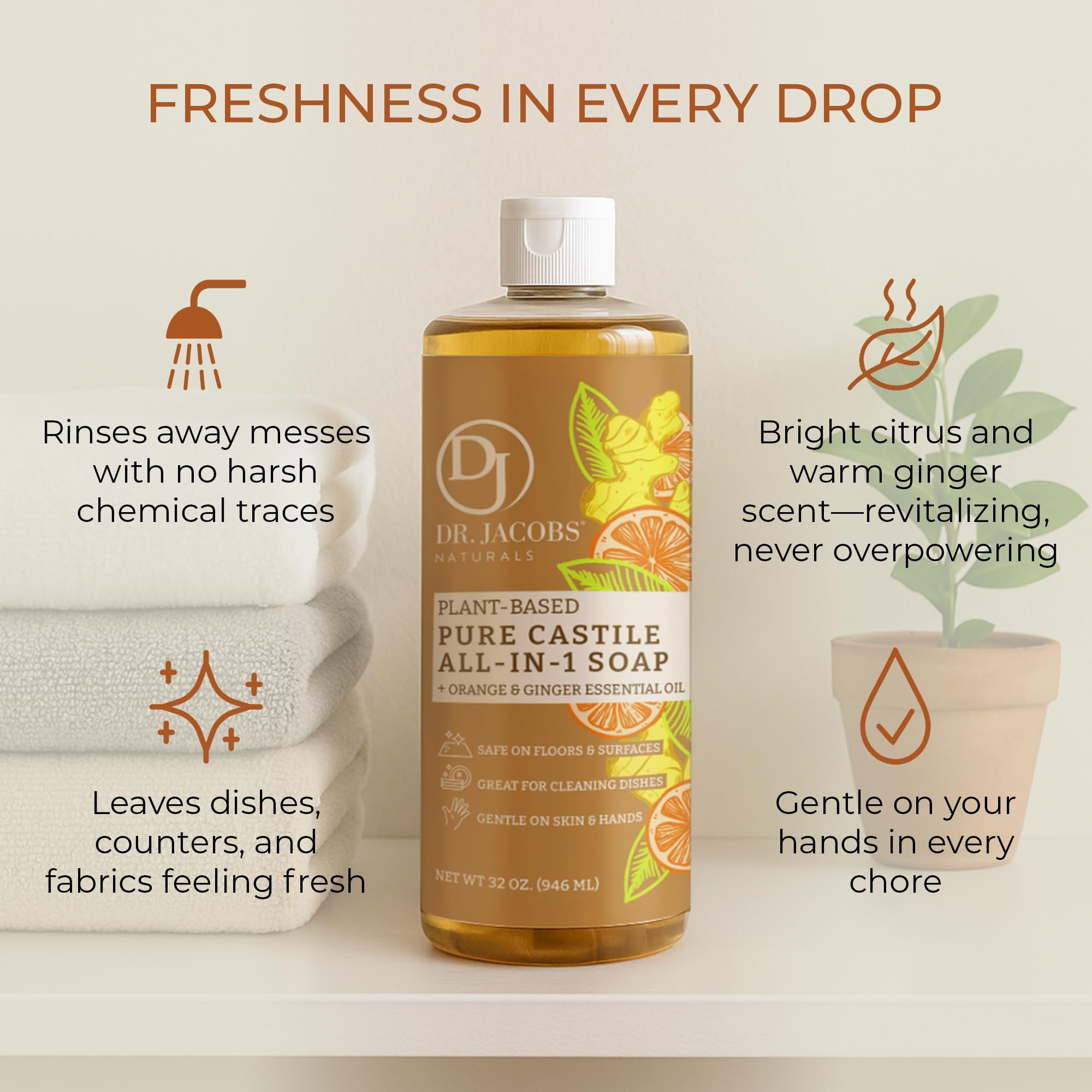 Dr. Jacobs Naturals Orange & Ginger Castile All-In-One Cleaner and Soap - Plant-Based Formula for House Cleaning Floors and Appliances - Gentle on