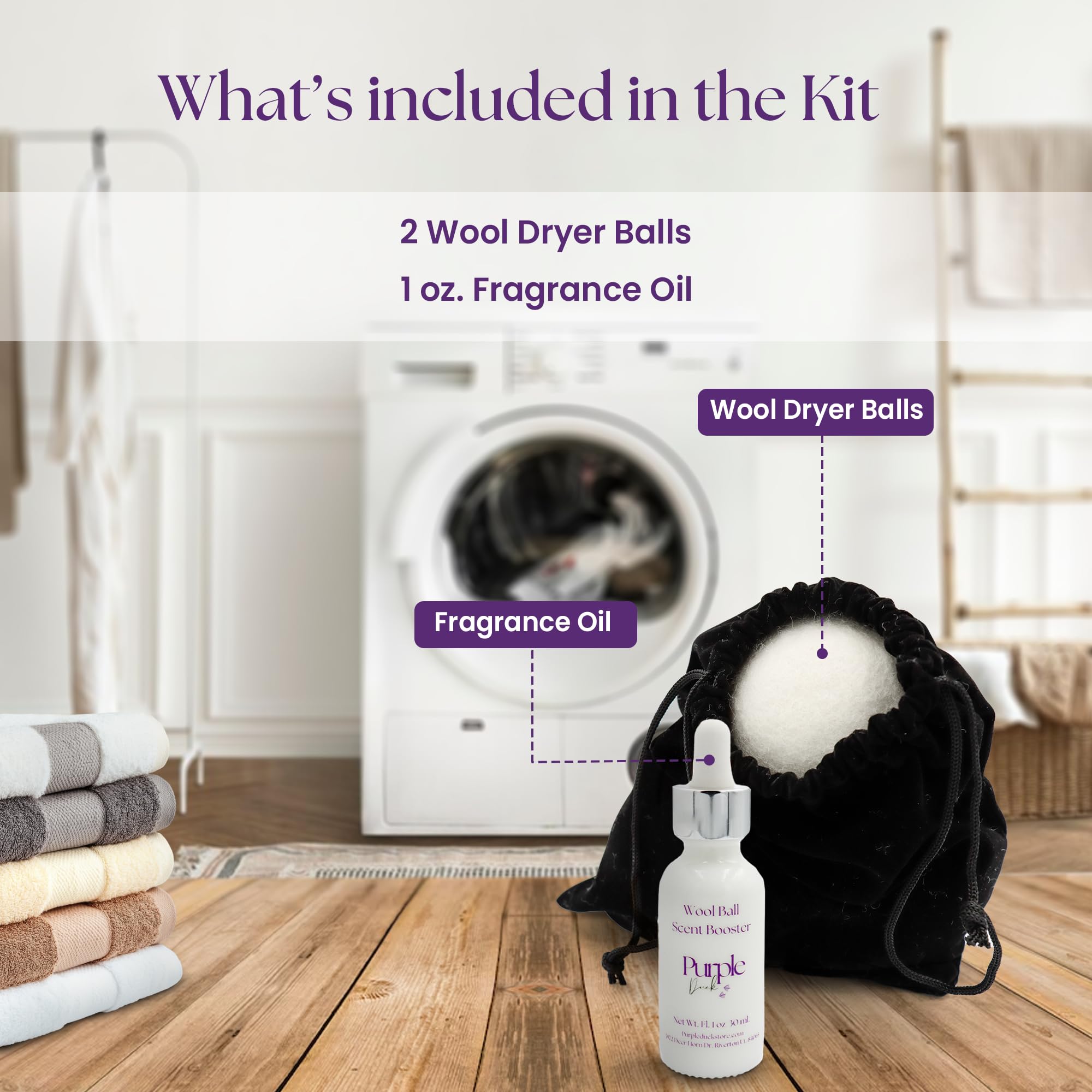 Purple Duck Wool Dryer Balls with Scent Booster - Reusable Dryer Balls for Laundry, Softens Fabrics, Reduces Static, Includes Scent Booster - Linen