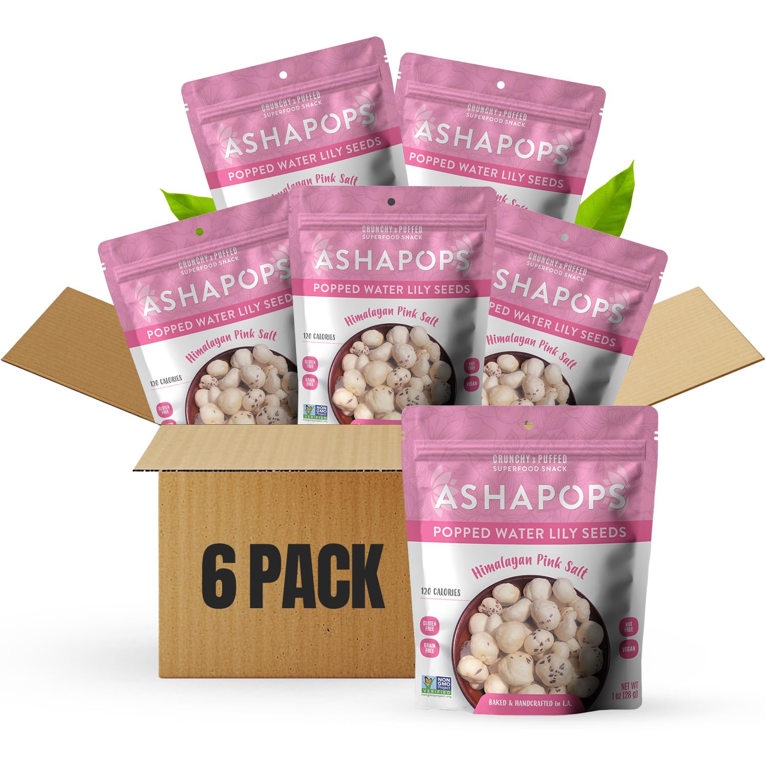 AshaPops Himalayan Pink Salt Flavored Popped Water Lily Seeds, 1 oz (Pack of 6) - Gluten-Free, Vegan, Paleo, Nut-Free, Corn-Free, Soy-Free, Non-GMO