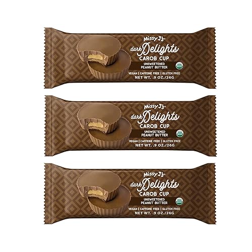 Missy J's Organic Carob Dark Delights Unsweetened Peanut Cup .9 Oz 3 Pack. Vegan Gluten Free, Substitute for chocolate, Perfect for Snacks and Treats