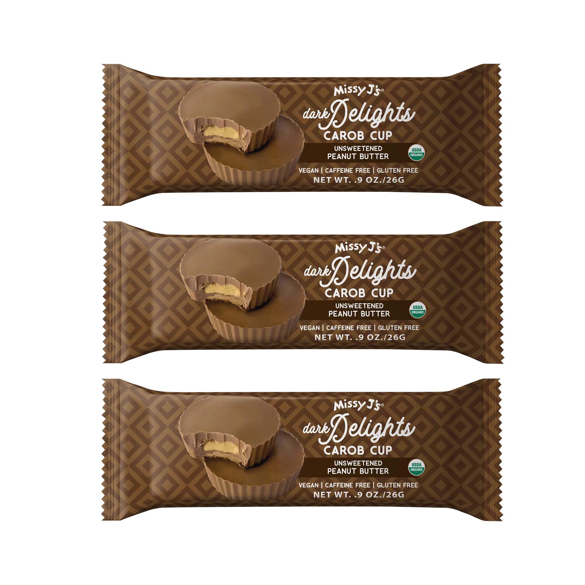 Missy J's Organic Carob Dark Delights Unsweetened Peanut Cup .9 Oz 3 Pack. Vegan Gluten Free, Substitute for chocolate, Perfect for Snacks and Treats