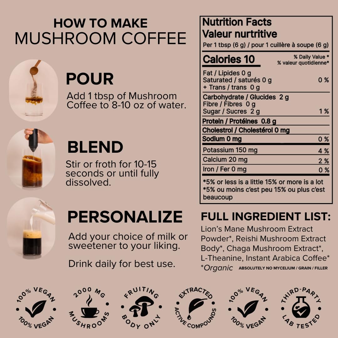 Mushroom Coffee by Bloomable Premium Instant Coffee with Lion's Mane, Reishi, Chaga Mushroom Extracts | Improve Focus, Memory, & Immunity | 30