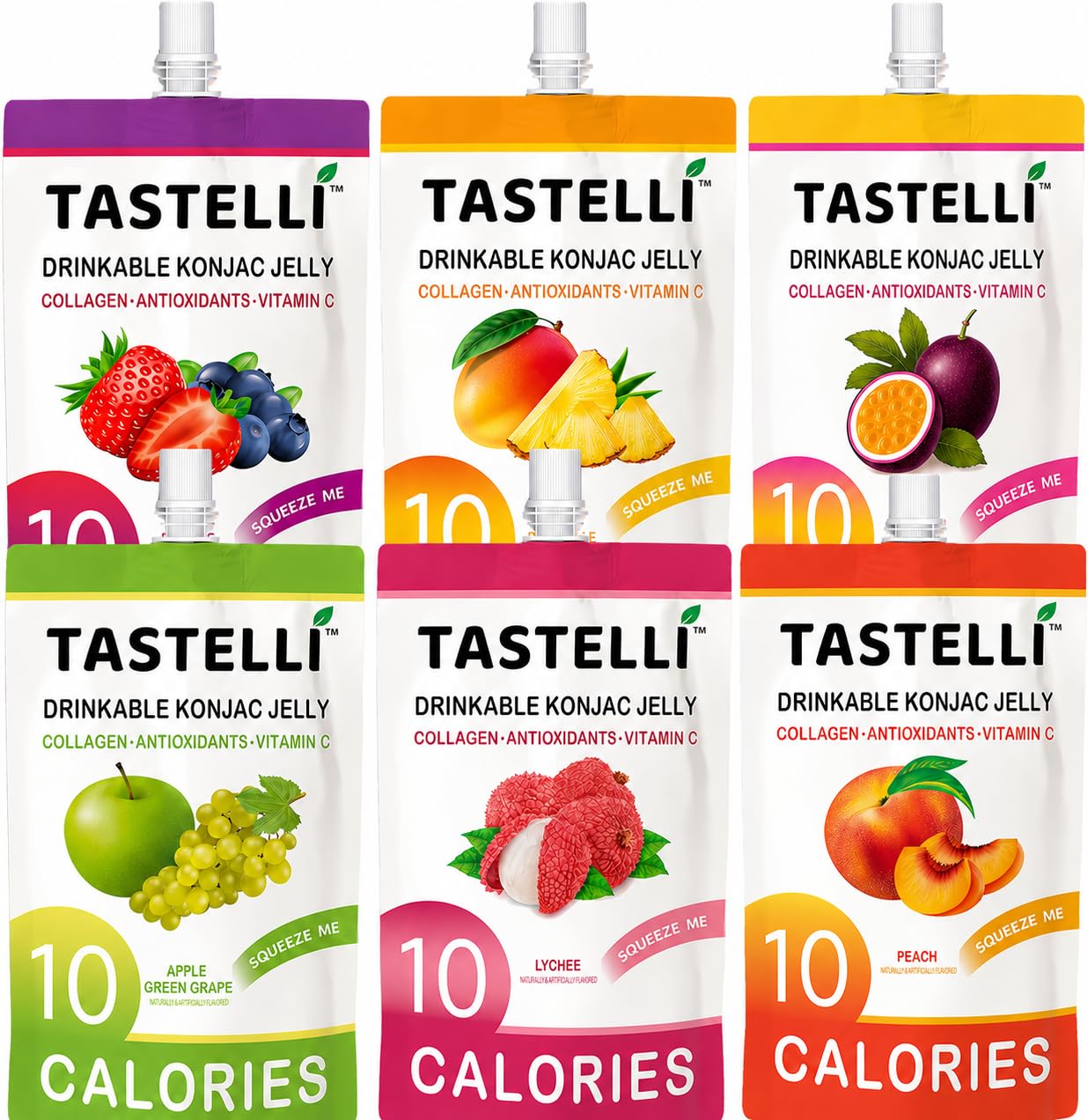 Tastelli Konjac Jelly Variety Pack (18 Pouches) - 1000 mg Collagen + Vitamin C + Antioxidants - 10 Calories, Vegan, Zero Sugar - Healthy Drinkable