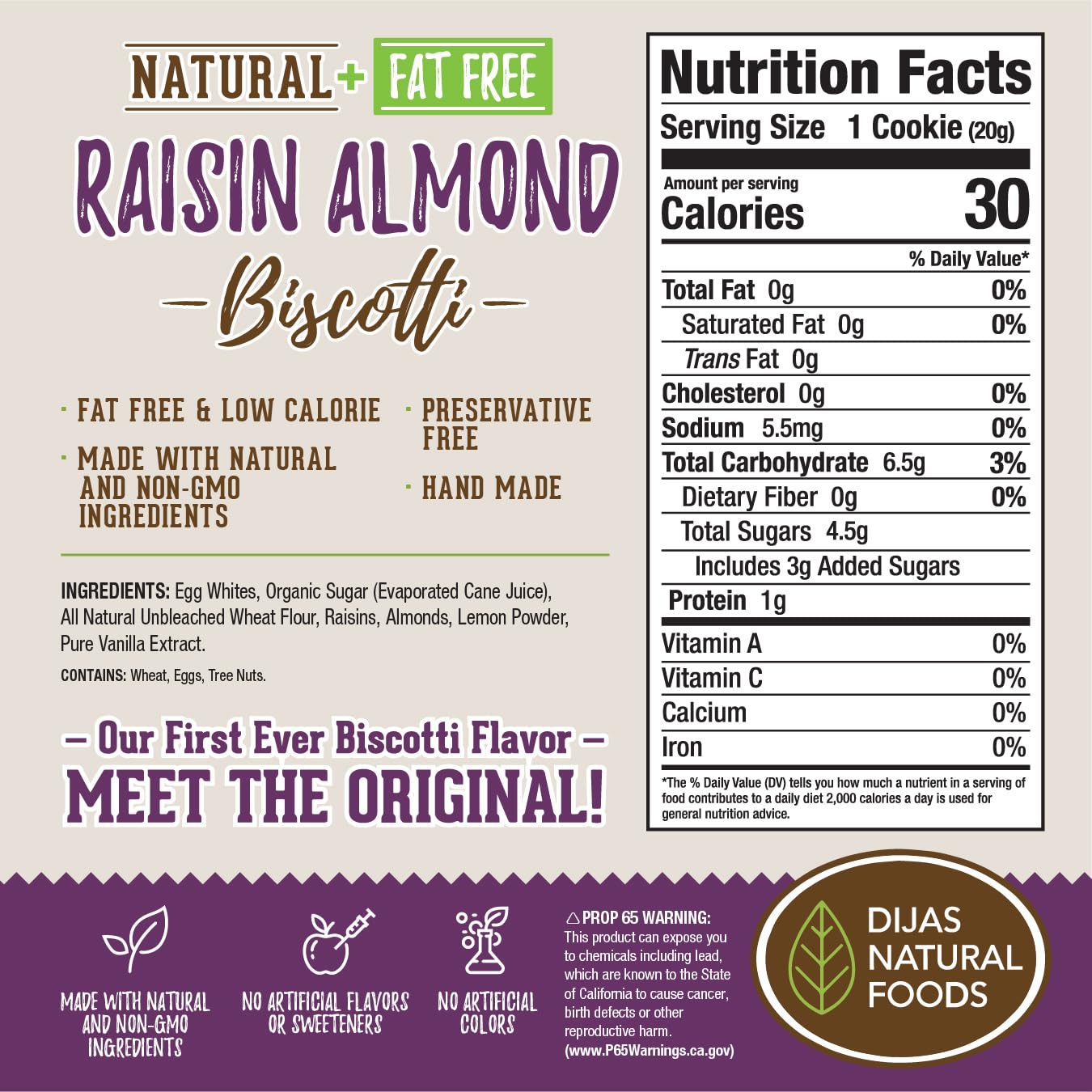 DIJAS Natural Foods, Individually Wrapped Fat Free Biscotti Cookie, All Natural Preservative Free Ingredients, Delicious Low Calorie Snack (Raisin