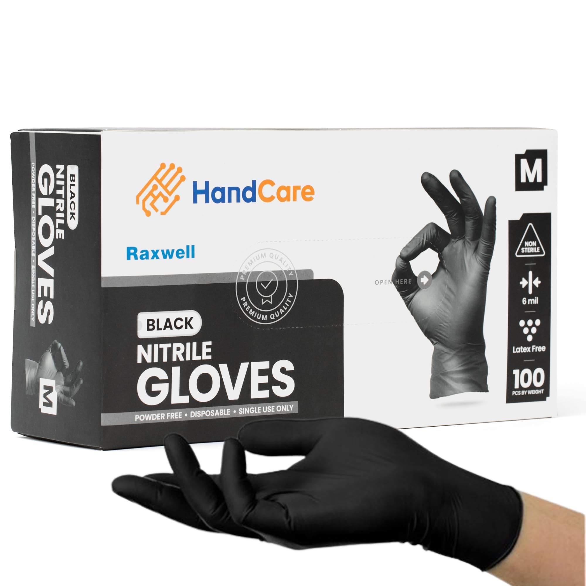 Exam Grade Black Nitrile 6 Mil Powder Free Gloves - 100 Count, Disposable Cleaning, Cooking, Medical and Surgical Gloves (Medium-Pack of 100)