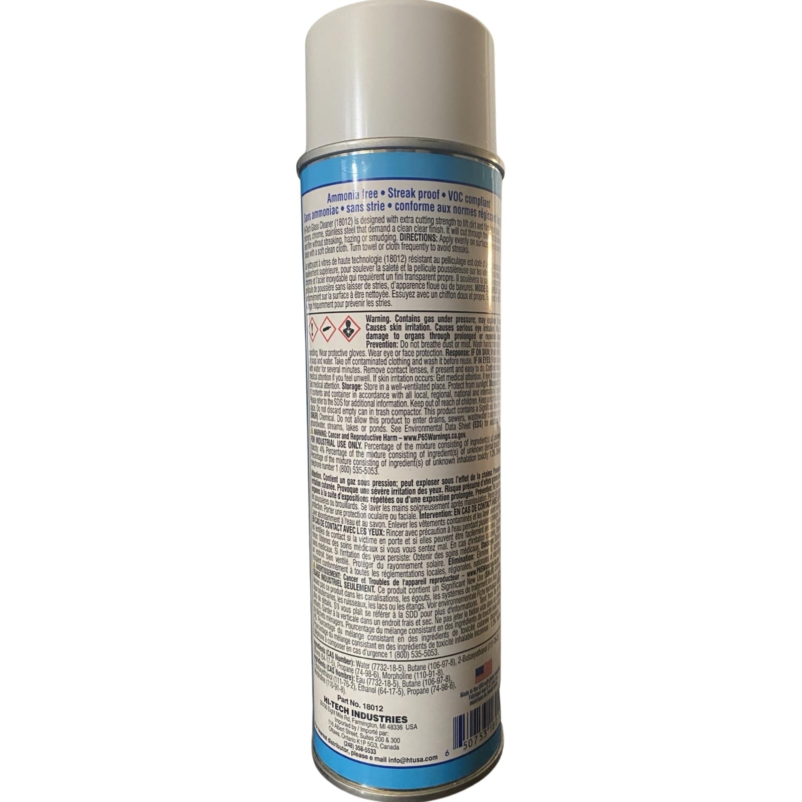 HI-TECH Streak Proof Glass Cleaner - Ammonia Free - 18oz Aerosol