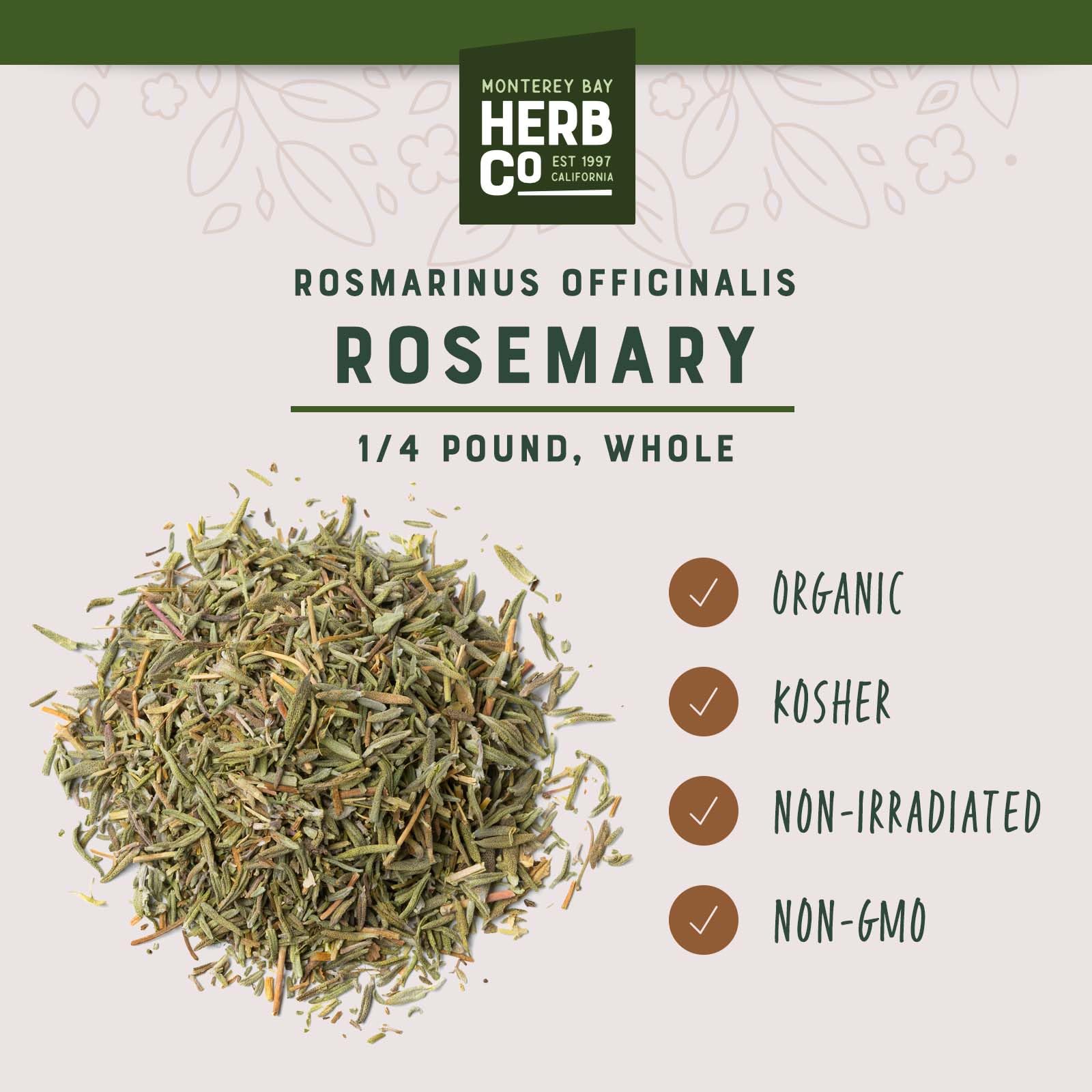 Organic Rosemary Whole, by Herb Co, Rosmarinus Officinalis, from Morocco, Kosher, for Cooking, Skin & Hair Formulations, Perfumes & Colognes, 1/4 lb