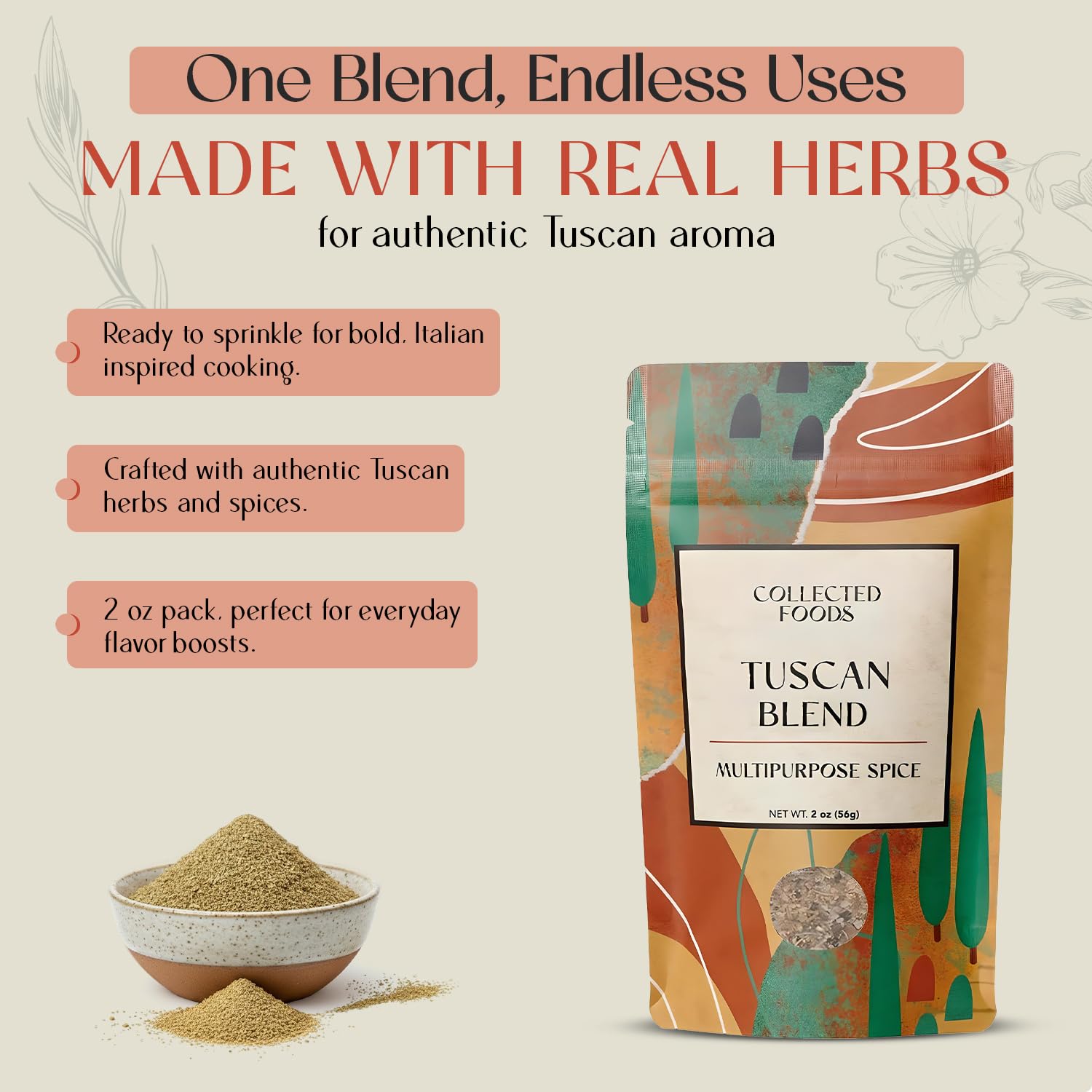Collected Foods Italian Tuscan Seasoning | All-Natural Spice Blend | Small Batch Mix for Grilling, Pasta, Vegetables, Dressings & Olive Oil Dipping |
