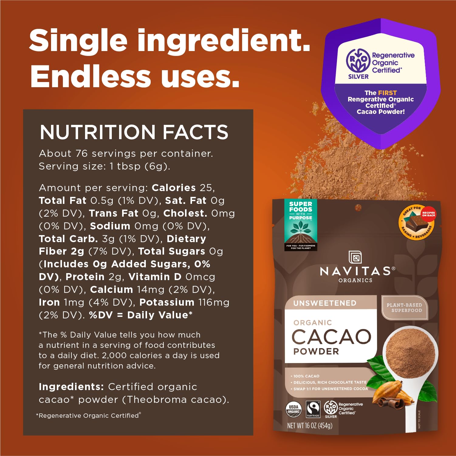 Navitas Organics Cacao Powder - Cocoa Powder Substitute 1:1, For Hot Chocolate, Baking & More - Regenerative Organic Certified, Non GMO, Fairtrade, Gluten Free, Non-alkalized (16oz. Bag, Pack of 2)