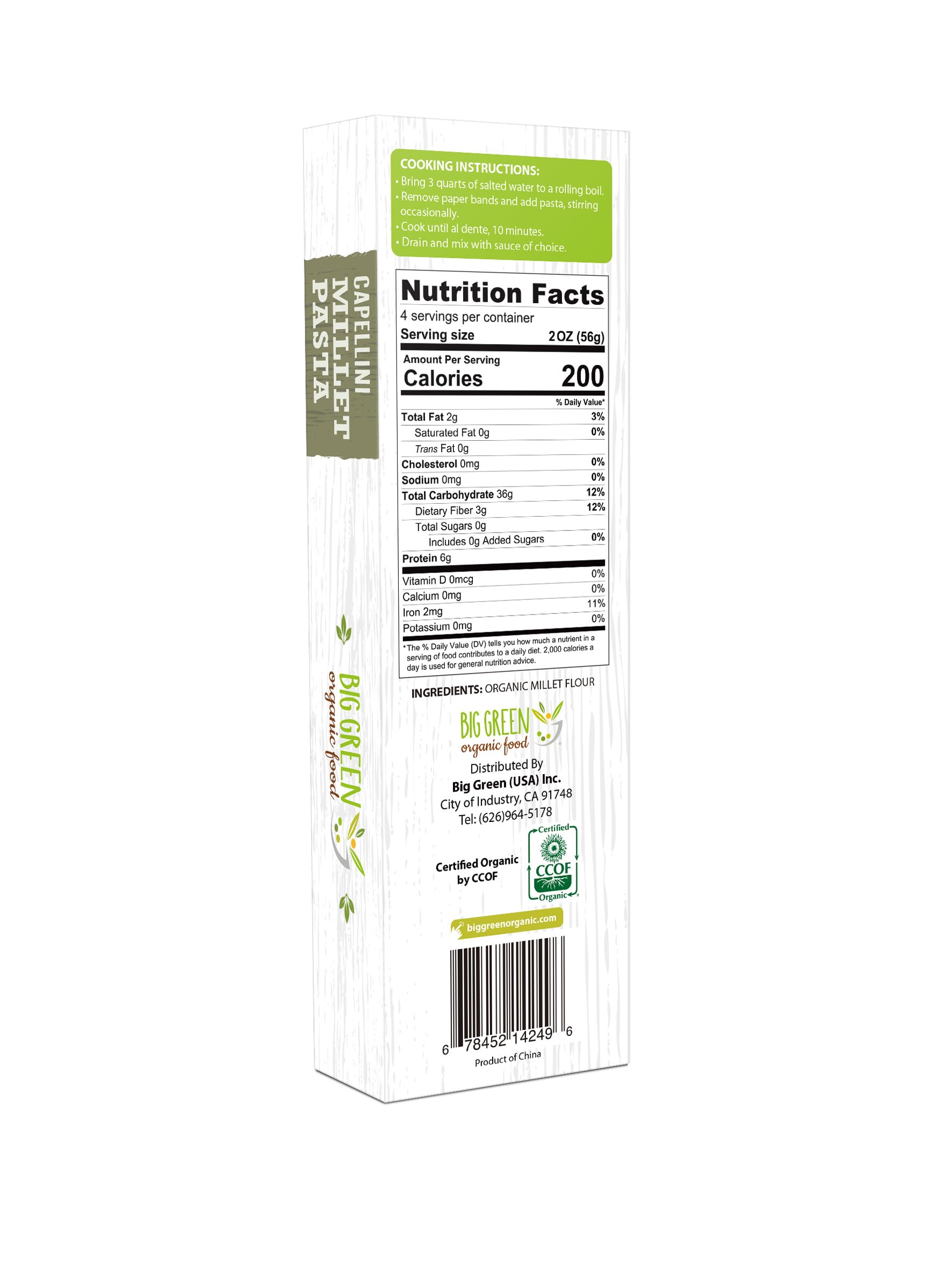 Big Green Organic Food- Organic Millet Capellini, Gluten-Free, Lectin-Free, Non-GMO, Vegan, Wheat and Rice Alternative, 8.8oz (1)