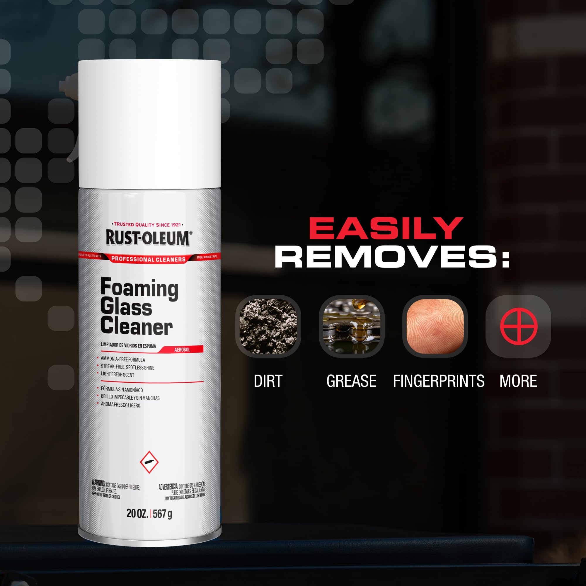 Rust-Oleum Professional Cleaners Foaming Glass Cleaner | 20oz Aerosol Can | Professional Strength | Ammonia-Free | Fresh Scent