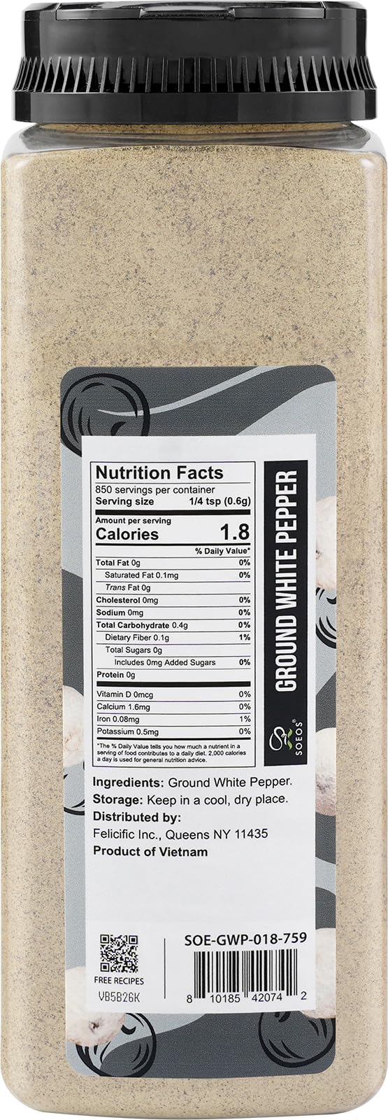 Soeos Ground White Pepper, 18oz (510g), Non-GMO, Kosher Certified, Fresh, Aromatic and All-Natural, White Peppercorns Powder, Perfect for Barbecue