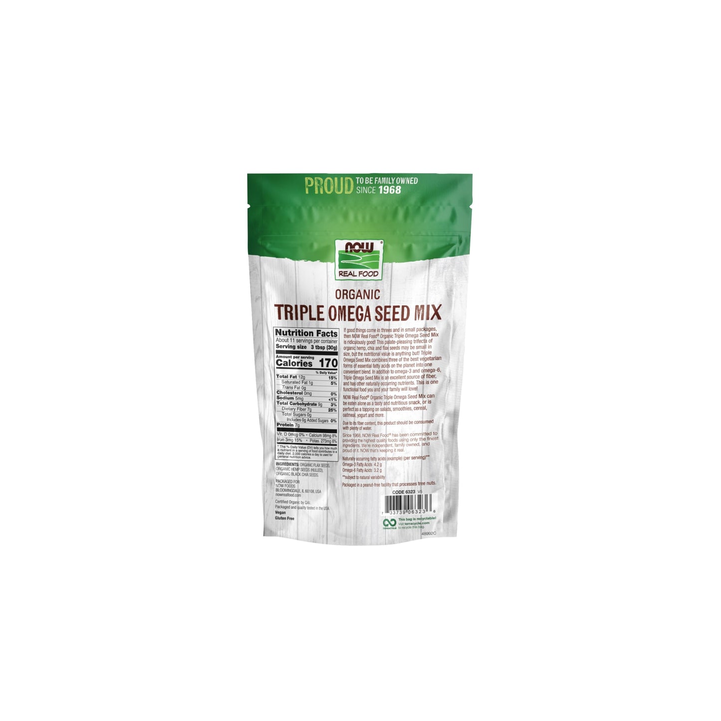 NOW Foods, Organic Triple Omega Seed Mix, Raw Hemp Seed Hearts, Chia and Flax, Omega-3 and 6 Fatty Acids, Source of Fiber, Protein and Iron
