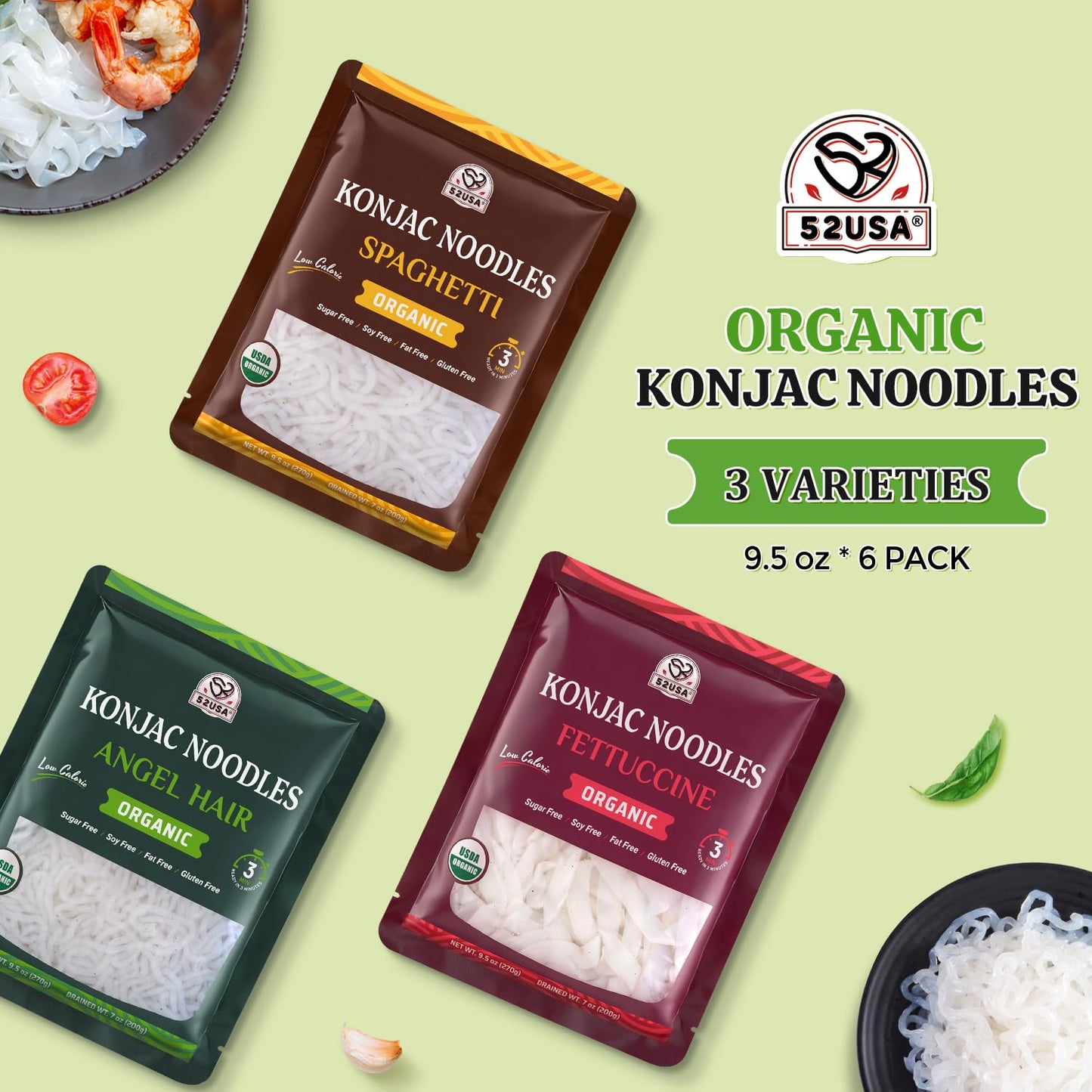 52USA USDA Organic Konjac Shirataki Noodle, Low Carb Pasta 52.8 Oz, 6 Pack 3 Variety-Angel Hair, Fettuccine, Spaghetti Noodles, Keto and Paleo