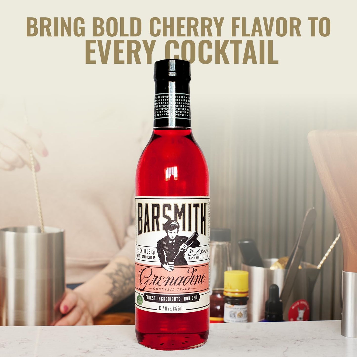 Barsmith Bar Essentials Grenadine Syrup - Sweet Cherry and Pomegranate Notes - No Artificial Flavors & Non-GMO Cocktail Mixer - Ideal for Shirley
