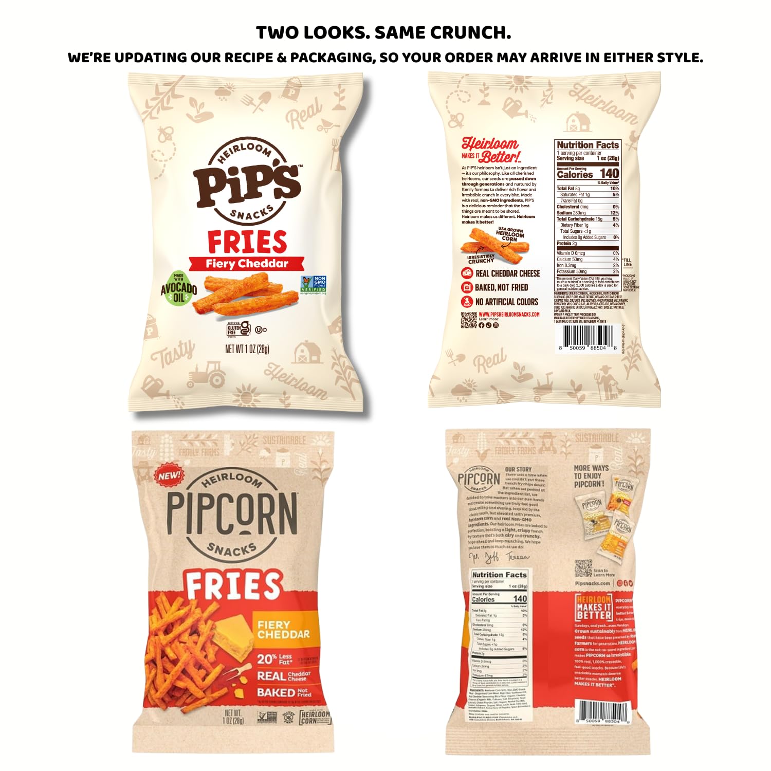 Pip’s Heirloom Baked Fiery Cheddar Fries - 1 oz Bags (24 pk) - Individually Wrapped Snack Packs, Baked Not Fried, Made With Upcycled Heirloom Corn