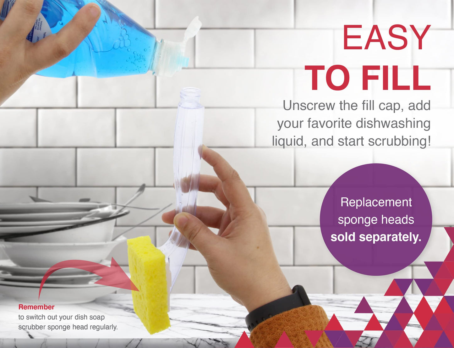 Arrow Dish Sponge w/Soap Dispenser Handle - Fillable Dish Wand for Quick, Convenient Cleaning - Easy to Refill - Built-In Scrubber for Dishes & Pans