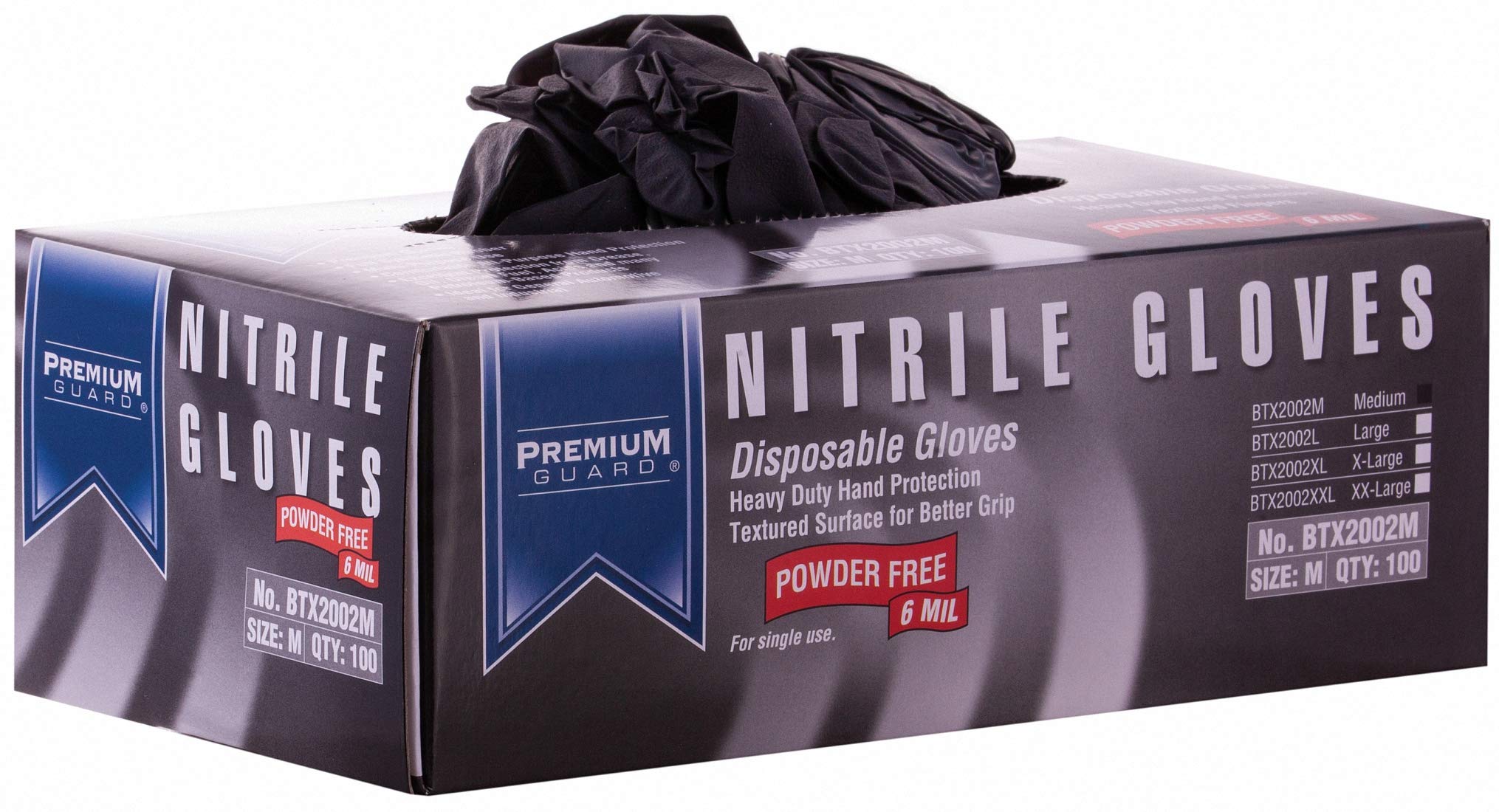 Premium Guard - Nitrile Gloves - Disposable, Powder Free, Latex Rubber Free, 5 mil, Black Nitrile Gloves, 100 gloves per Box, Size - Large