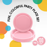 Party Solids Pink Plates Disposable Pink Plastic Plates 100 Pieces - 50-7" & 50-9" Heavy Duty 350 GSM Disposable Dinnerware Sets, Plastic Dinnerware