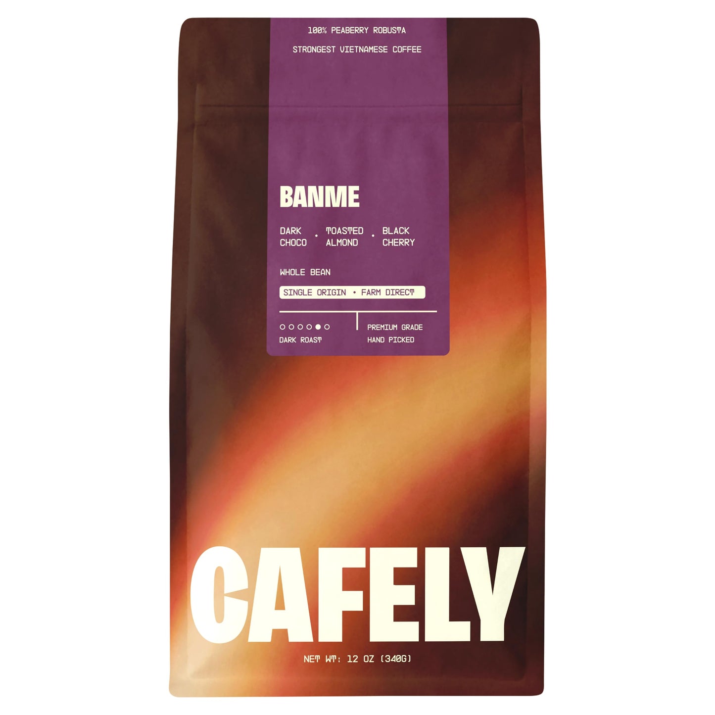 Cafely BanMe - Rare Peaberry Robusta Whole Bean Vietnamese Coffee - Dark Roast, High Caffeine (Rich & Intense), Thick Crema, Low Acid, Single Origin