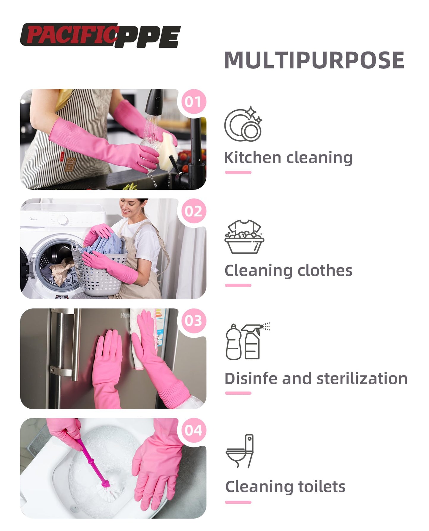 PACIFIC PPE 2 Pairs Reusable Rubber Gloves for Washing Dishes and Cleaning Tasks, Water Resistant Household Gloves for Kitchen Bathroom, Grippy Latex