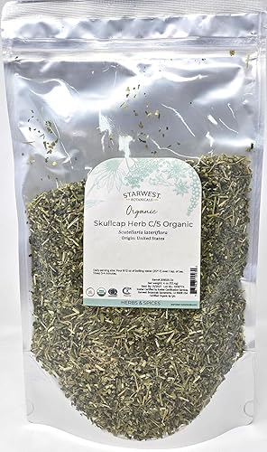 Starwest Botanicals Organic Skullcap Herb - Loose Leaf Dried Skullcap for Tea, Smoothies, Dressings, Herbal Blends, & More, Cut & Sifted, Scutellaria
