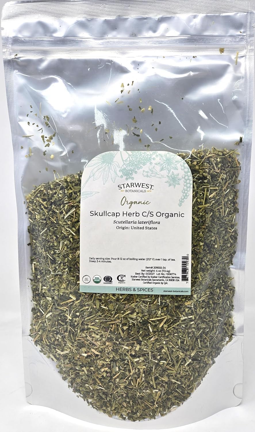 Starwest Botanicals Organic Skullcap Herb - Loose Leaf Dried Skullcap for Tea, Smoothies, Dressings, Herbal Blends, & More, Cut & Sifted, Scutellaria