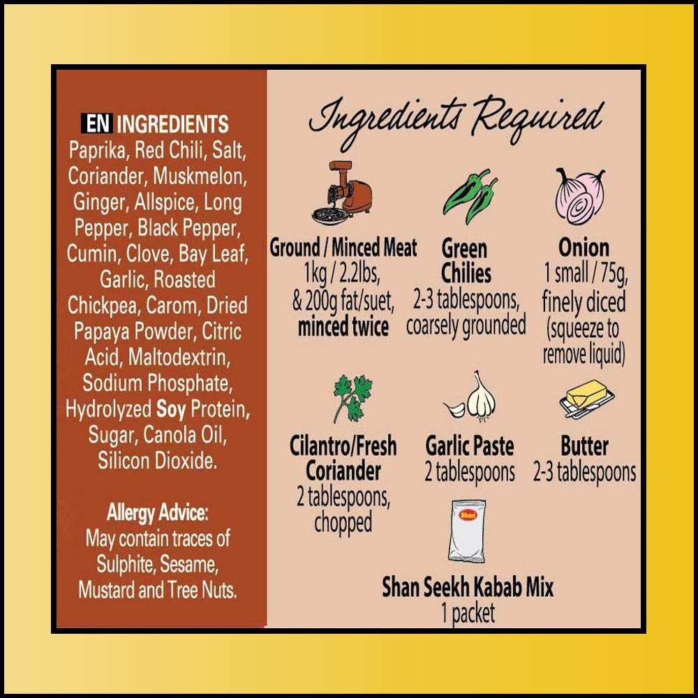 Shan Seekh Kabab Recipe and Seasoning Mix 1.76 oz (50g) - Spice Powder for Exclusive Traditional BBQ Blends - Suitable for Vegetarians - Airtight Bag
