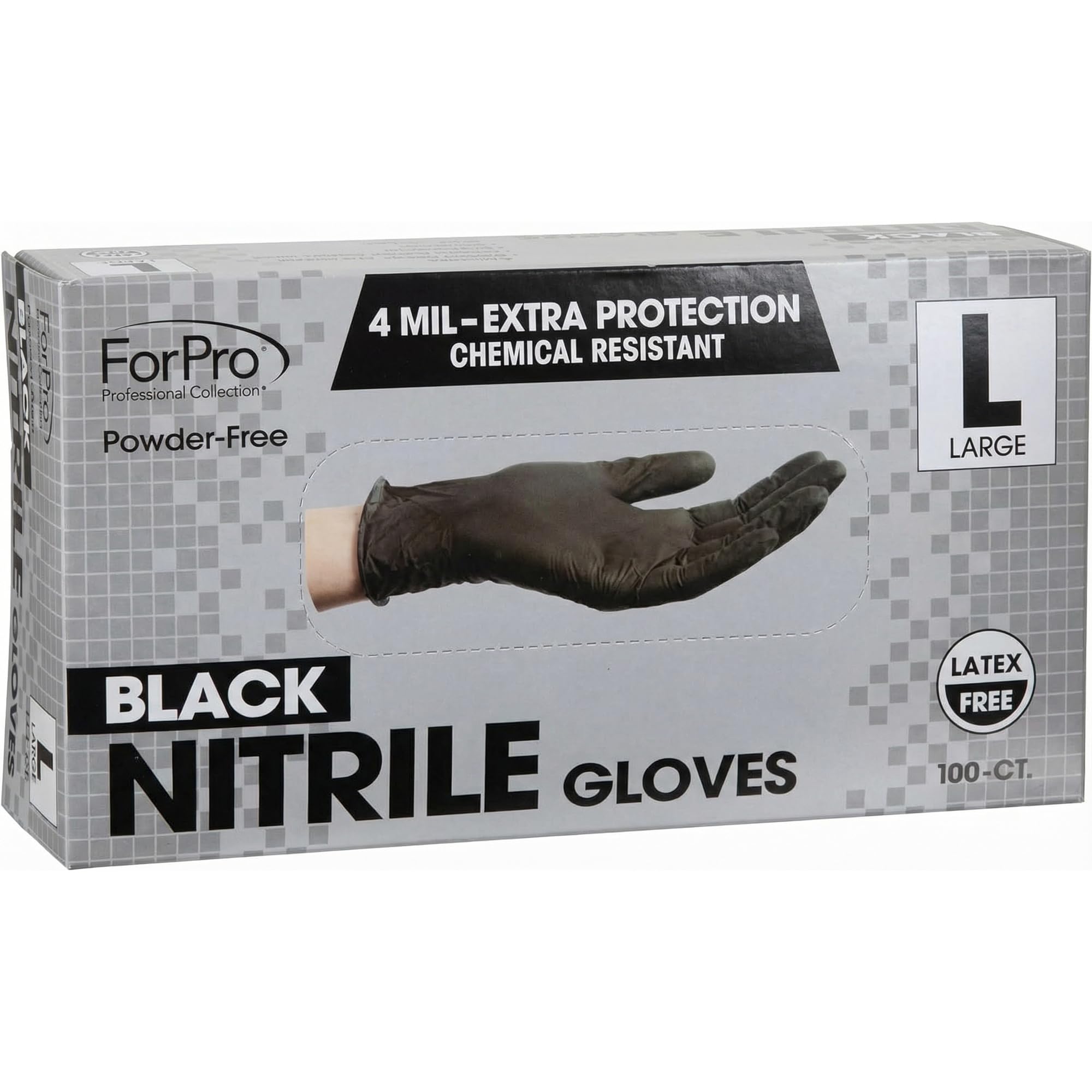 ForPro Disposable Nitrile Gloves, Chemical Resistant, Powder-Free, Latex-Free, Non-Sterile, Food Safe, 4 Mil, Black, Large, 100-Count