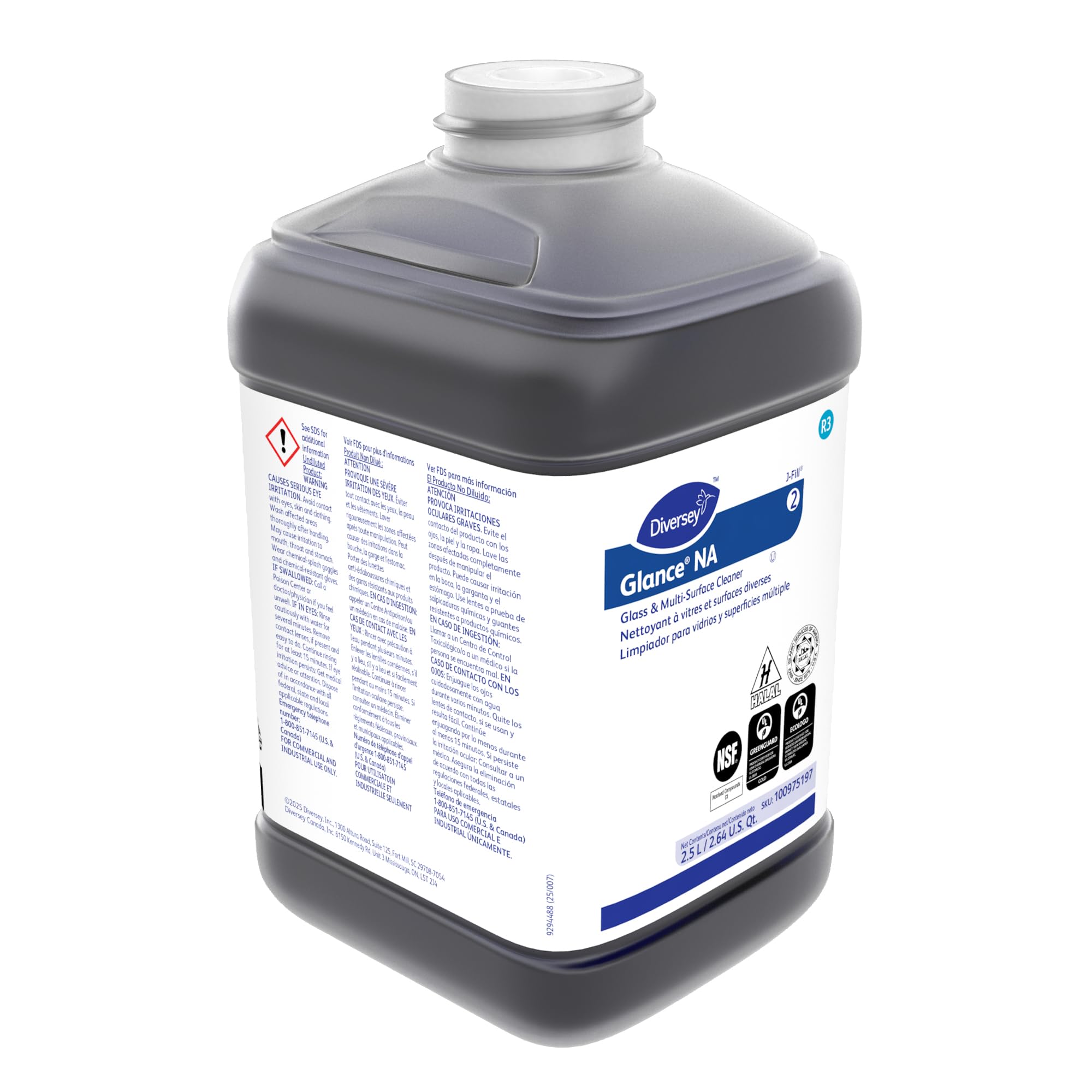 Diversey 100975197 Glance NA Glass and Multi Surface Cleaner, Non Ammoniated Streak Free Cleaner, JFill Concentrate, Unscented, 2.5 Liter