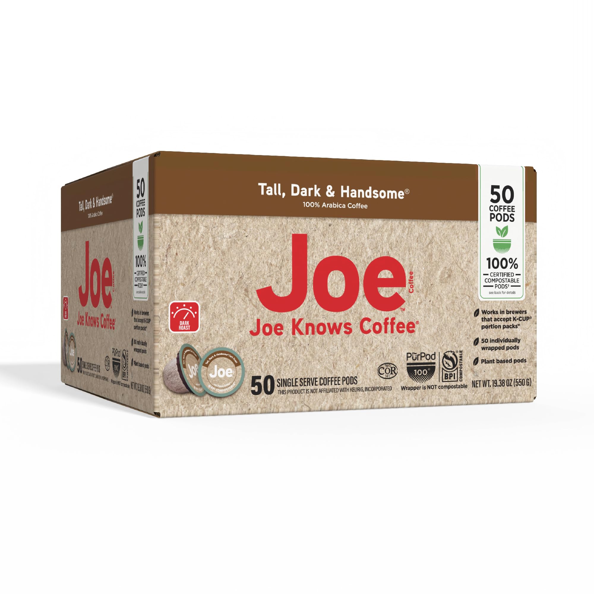 Joe Knows Coffee, Tall Dark & Handsome - 50 Count Compostable Dark Roast Coffee Pods | Bold & Rich Flavor | Compatible With K-Cup Brewers |