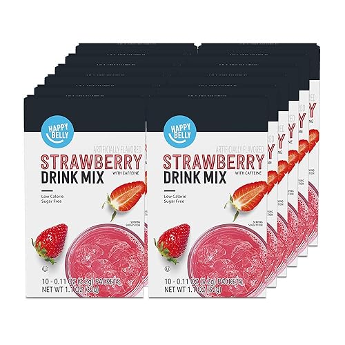 Amazon Brand - Happy Belly Drink Mix Singles, Strawberry with Caffeine, 1.1 Ounce, 120 Count (12 Packs of 10) (Previously Solimo)