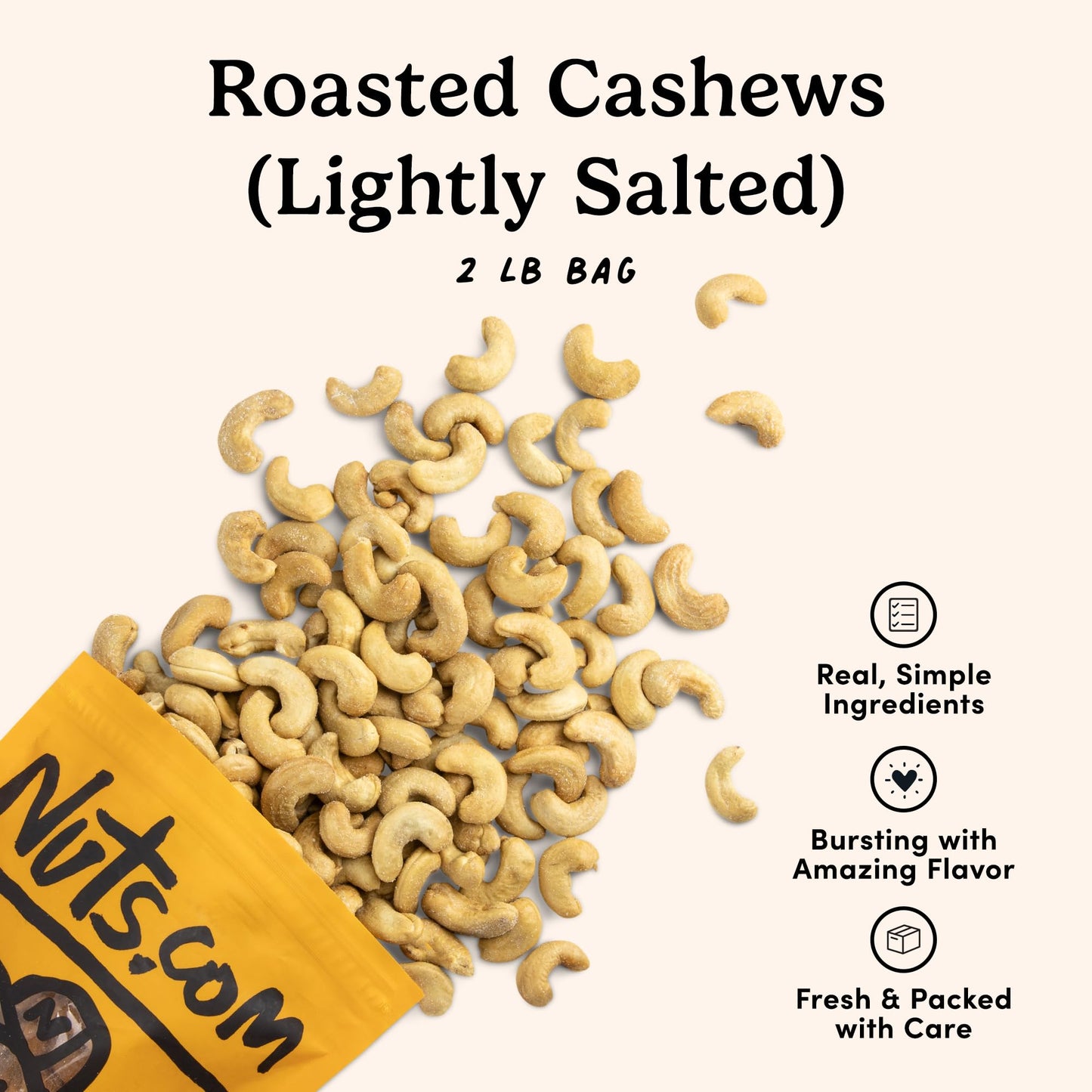 Nuts.com - Roasted Cashews (Lightly Salted) - Creamy & Savory Flavor, Healthy Snack for Adults & Kids, Good Source of Protein, Fiber, Calcium, Iron