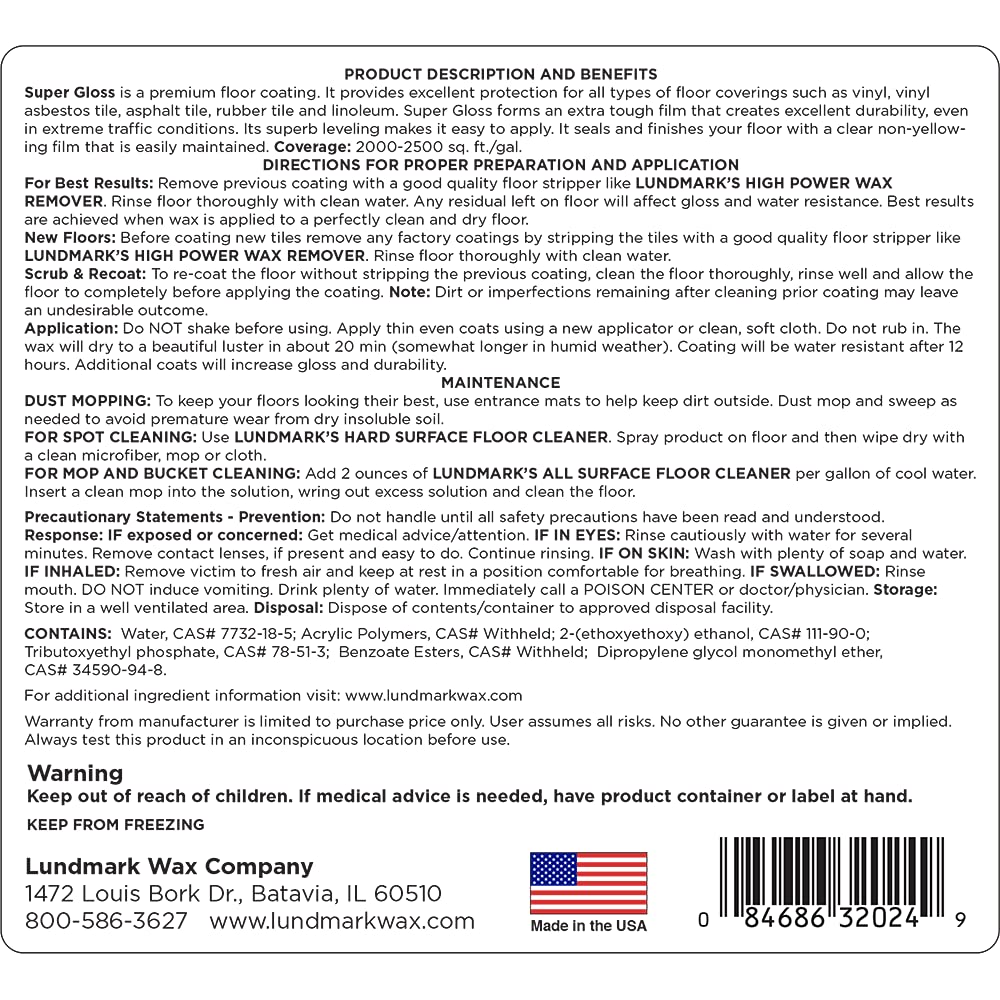 Lundmark Super Gloss Acrylic, Extra Heavy-Duty Hard Finish Floor Wax, 1-Gallon, 3202G01-2, Clear (LUN-3202G01-2)