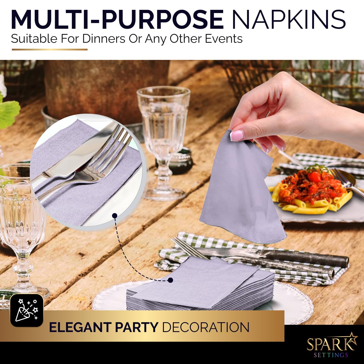Dinner Napkins Disposable Guest Towels, Lavender Beverage Napkins Soft and Absorbent Paper Napkins Dinner Size for Party, Wedding, 8” x 4.5” 2 Ply