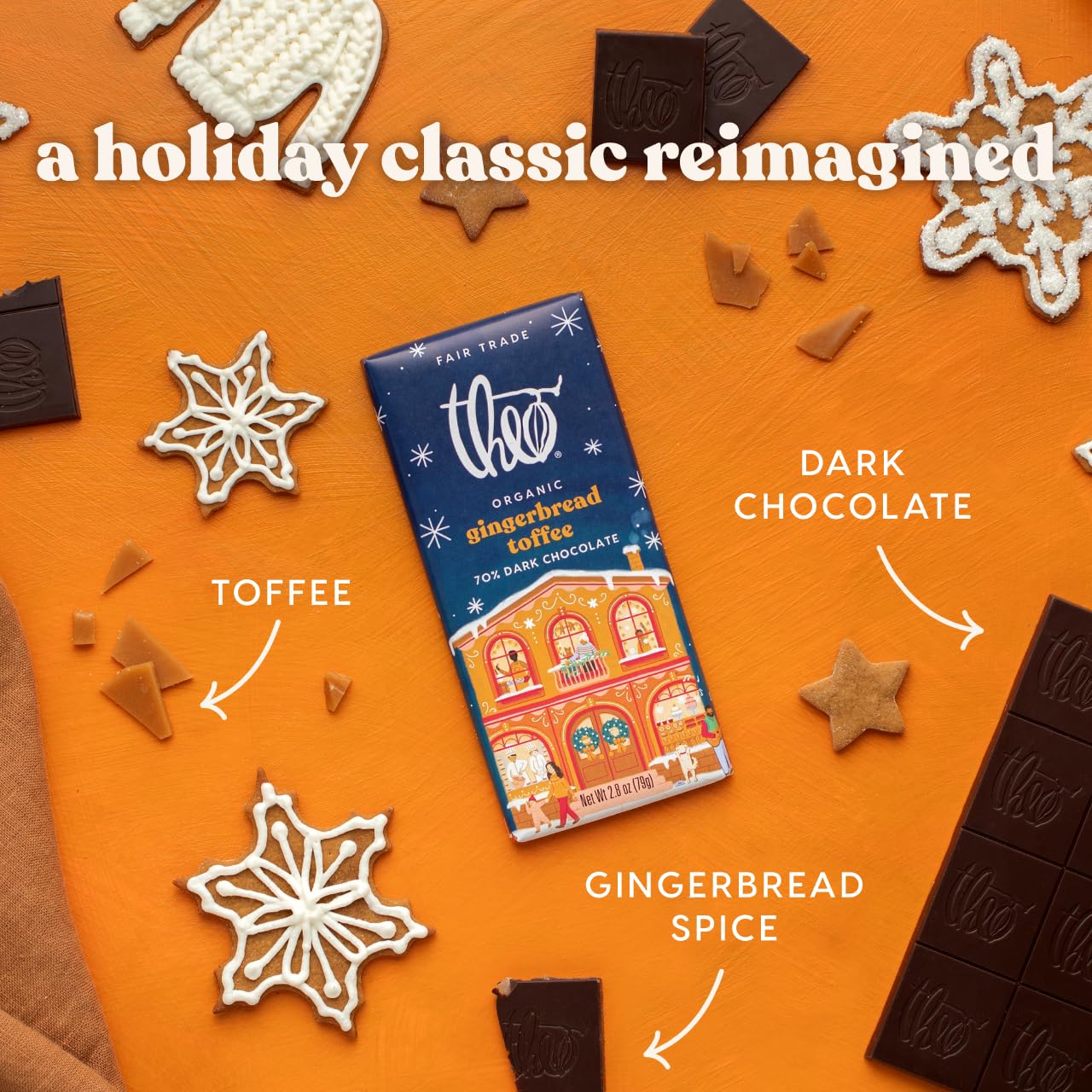 Theo Chocolate Holiday Gingerbread Toffee Organic Dark Chocolate Bar, 70% Cacao, 6 Pack | Fair Trade