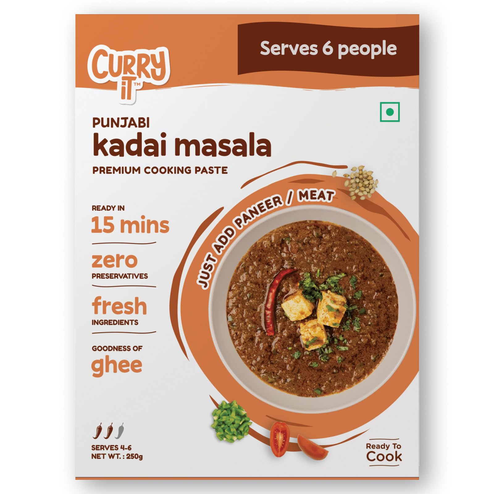 CURRYiT Vegetarian Combo | Chole Masala, Dal Makhni, Butter Paneer, Punjabi Kadhai Masala & Rajma | Ready in 15 Mins | Made with Ghee | Ready To Cook